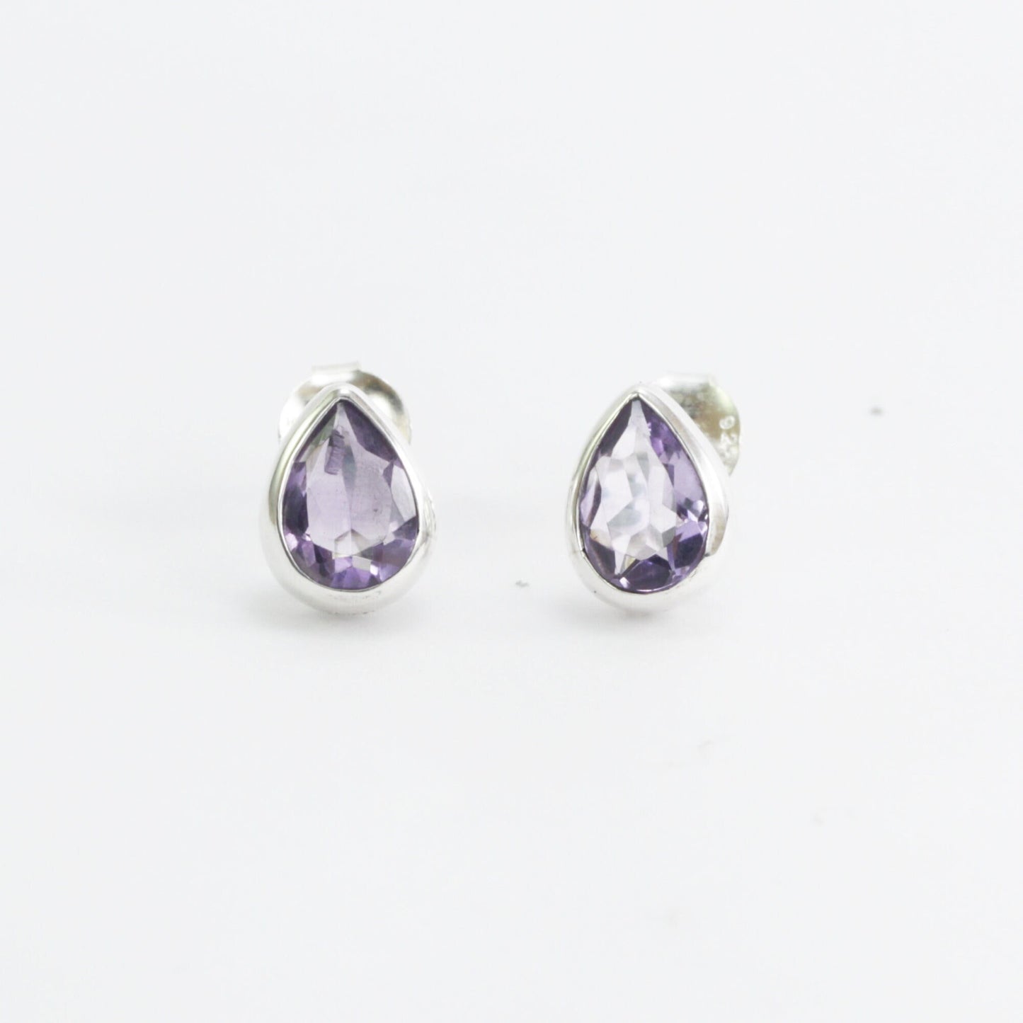 Teardrop Amethyst Earrings Studs 6*9 mm bezel set in 925 stud earrings push back closure