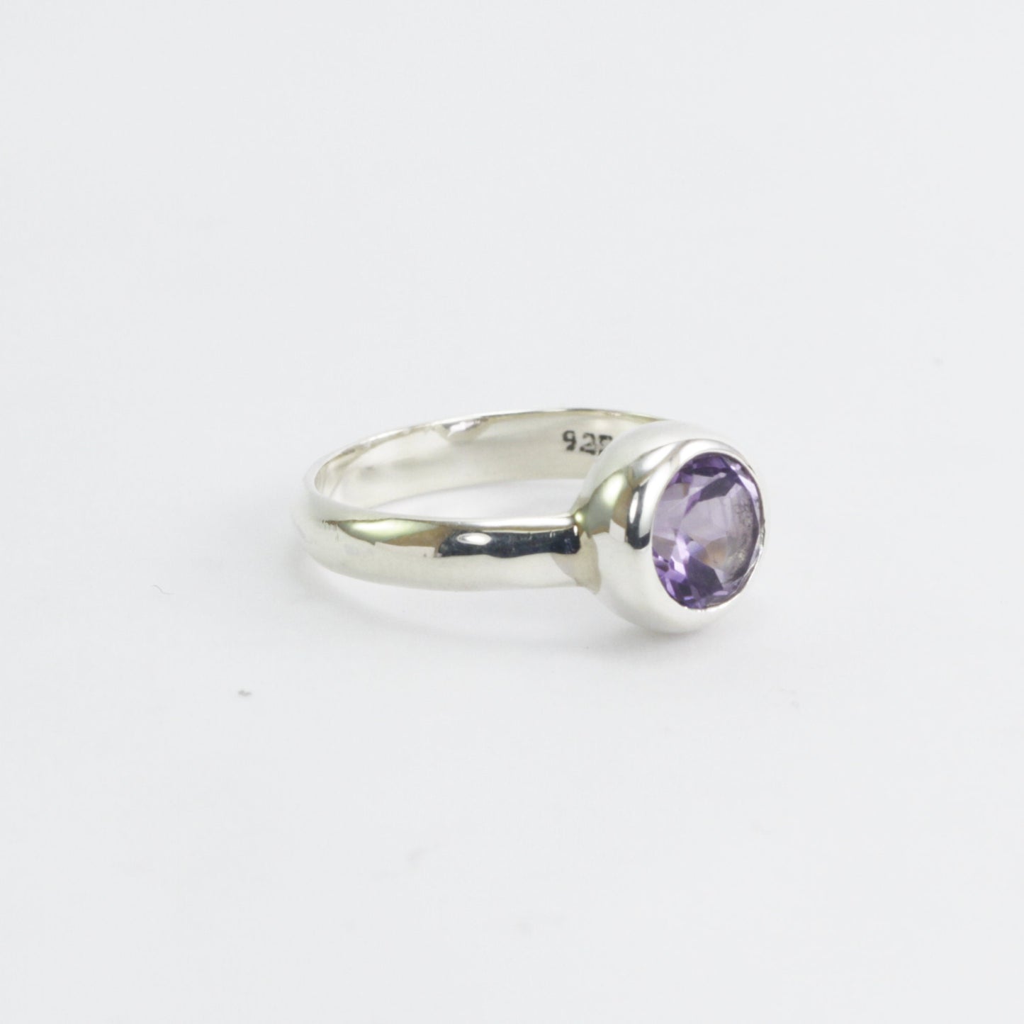 Amethyst solitaire ring for women 7 mm round handmade bezel set in 925 sterling silver