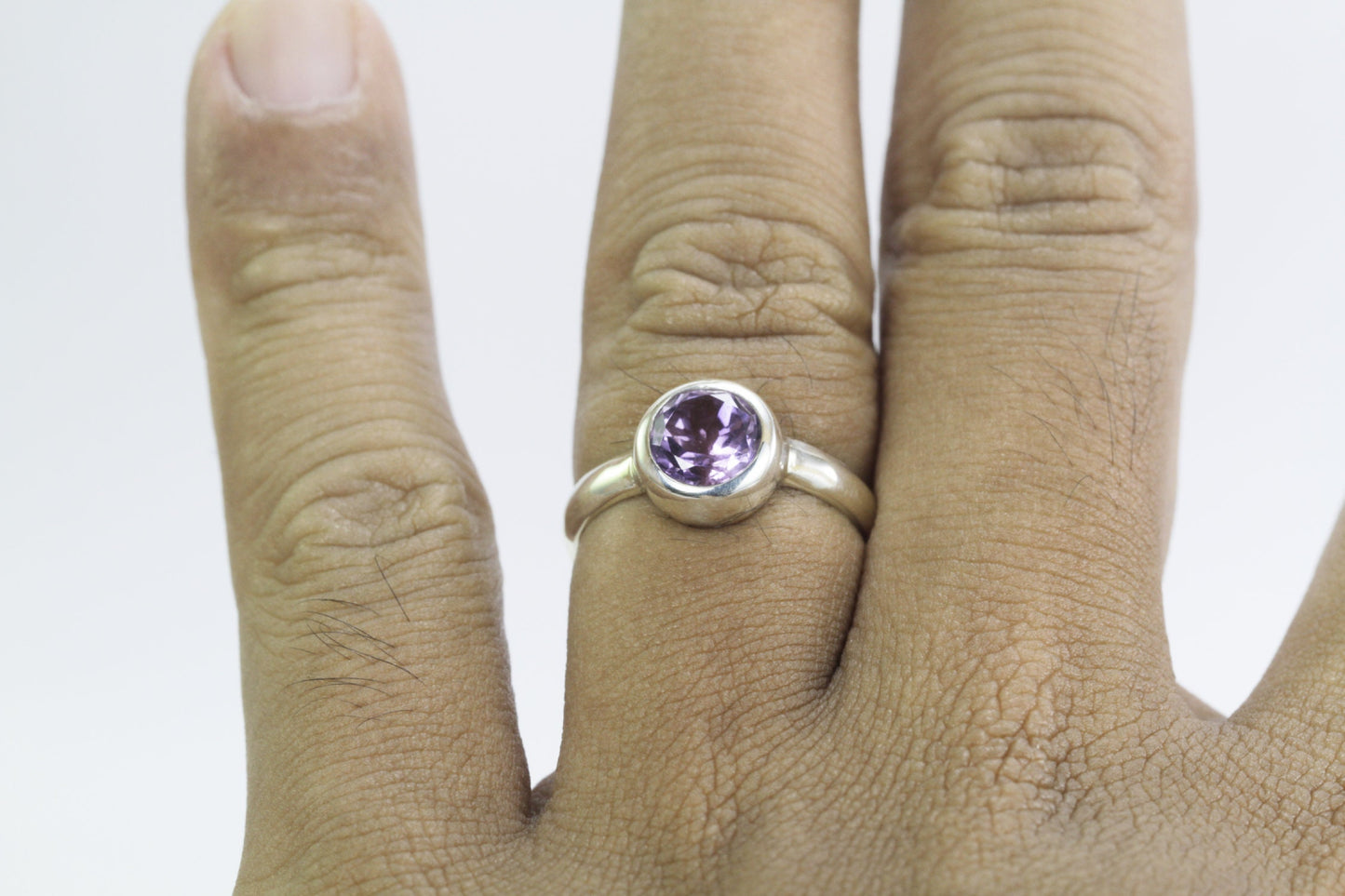 Amethyst solitaire ring for women 7 mm round handmade bezel set in 925 sterling silver
