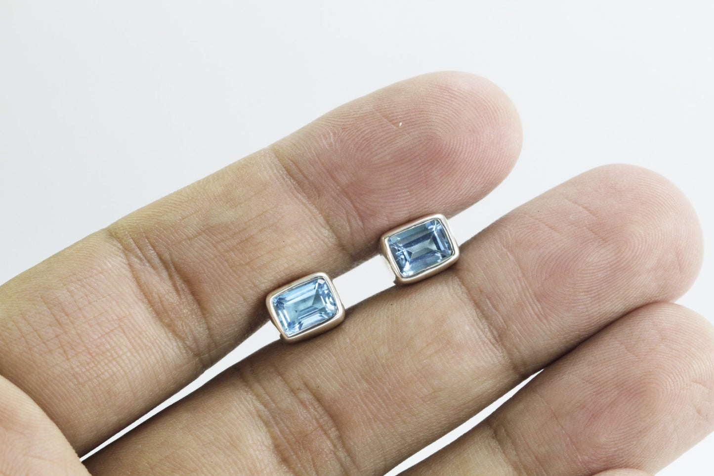 Genuine Blue Topaz Earrings Studs for women 5*7 Octagon shape bezel set in 925 stud earrings push back closure