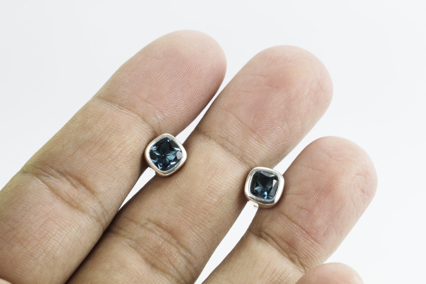 Genuine London Blue Topaz Earrings Studs for women 6*6 Square Cushion shape bezel set in 925 stud earrings push back closure