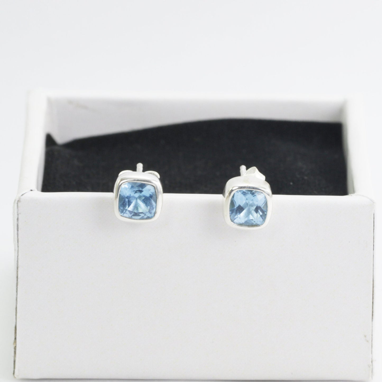 Genuine London Blue Topaz Earrings Studs for women 6*6 Square Cushion shape bezel set in 925 stud earrings push back closure