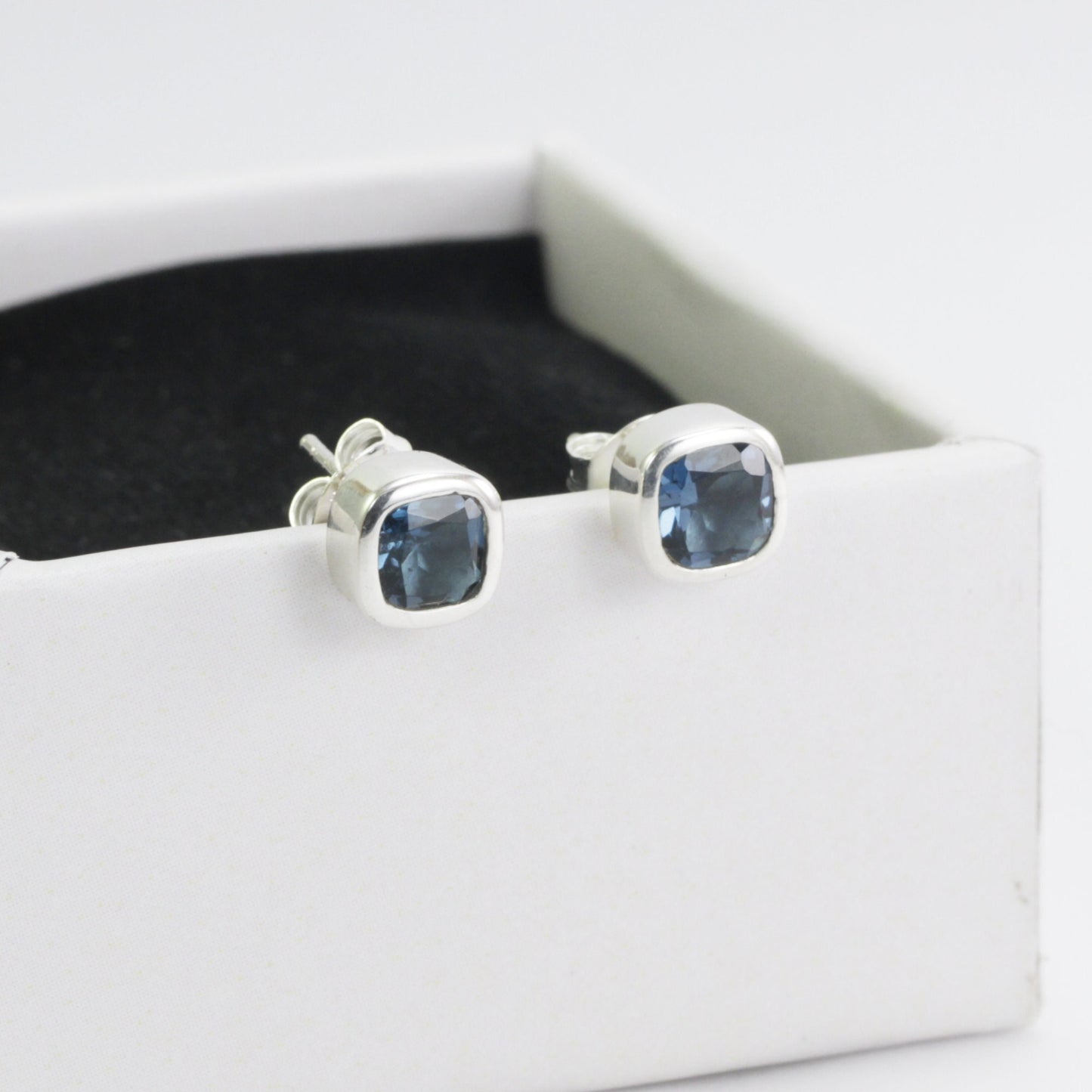 Genuine London Blue Topaz Earrings Studs for women 6*6 Square Cushion shape bezel set in 925 stud earrings push back closure
