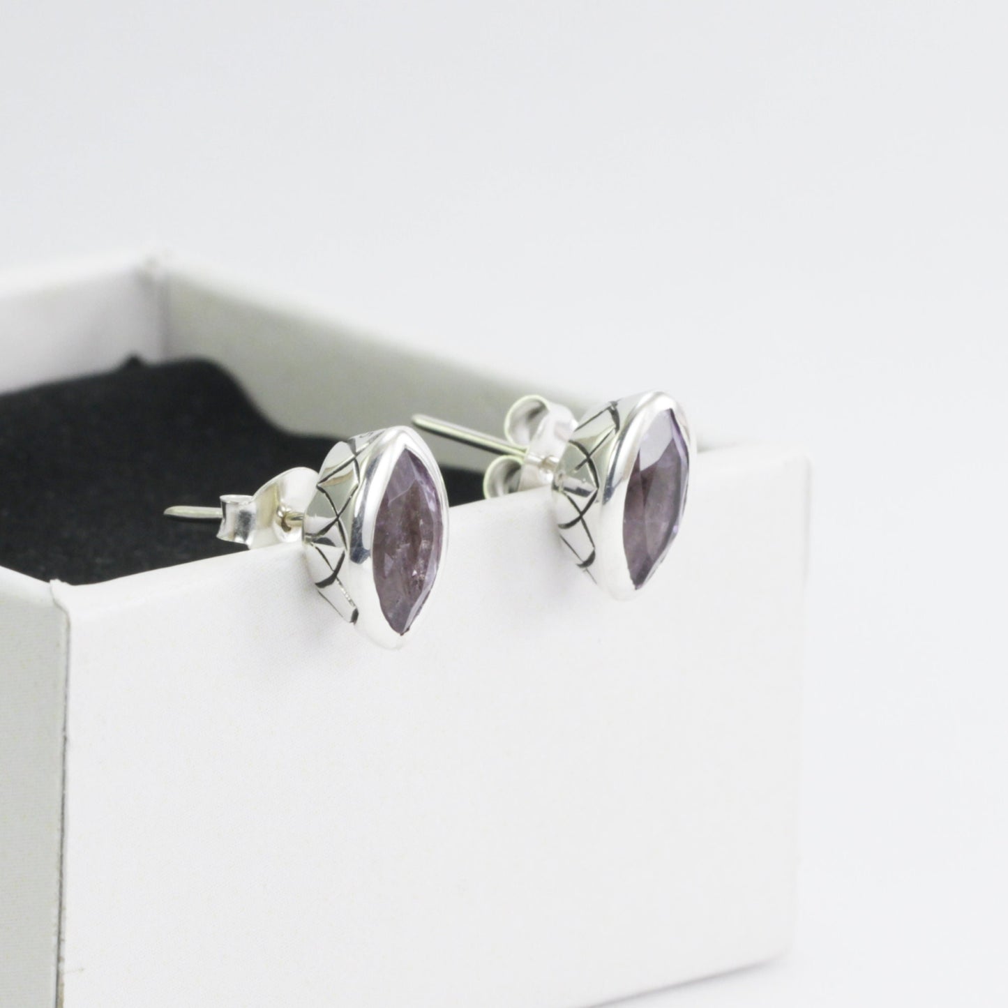 Marquise Amethyst Earrings Studs for women 5*10 mm bezel set in 925 stud earrings push back closure