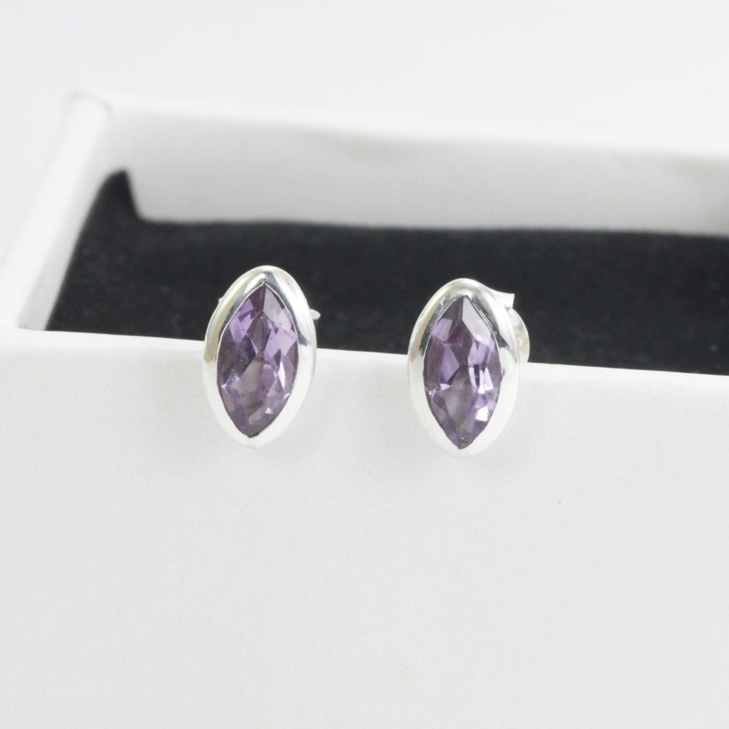 Marquise Amethyst Earrings Studs for women 5*10 mm bezel set in 925 stud earrings push back closure