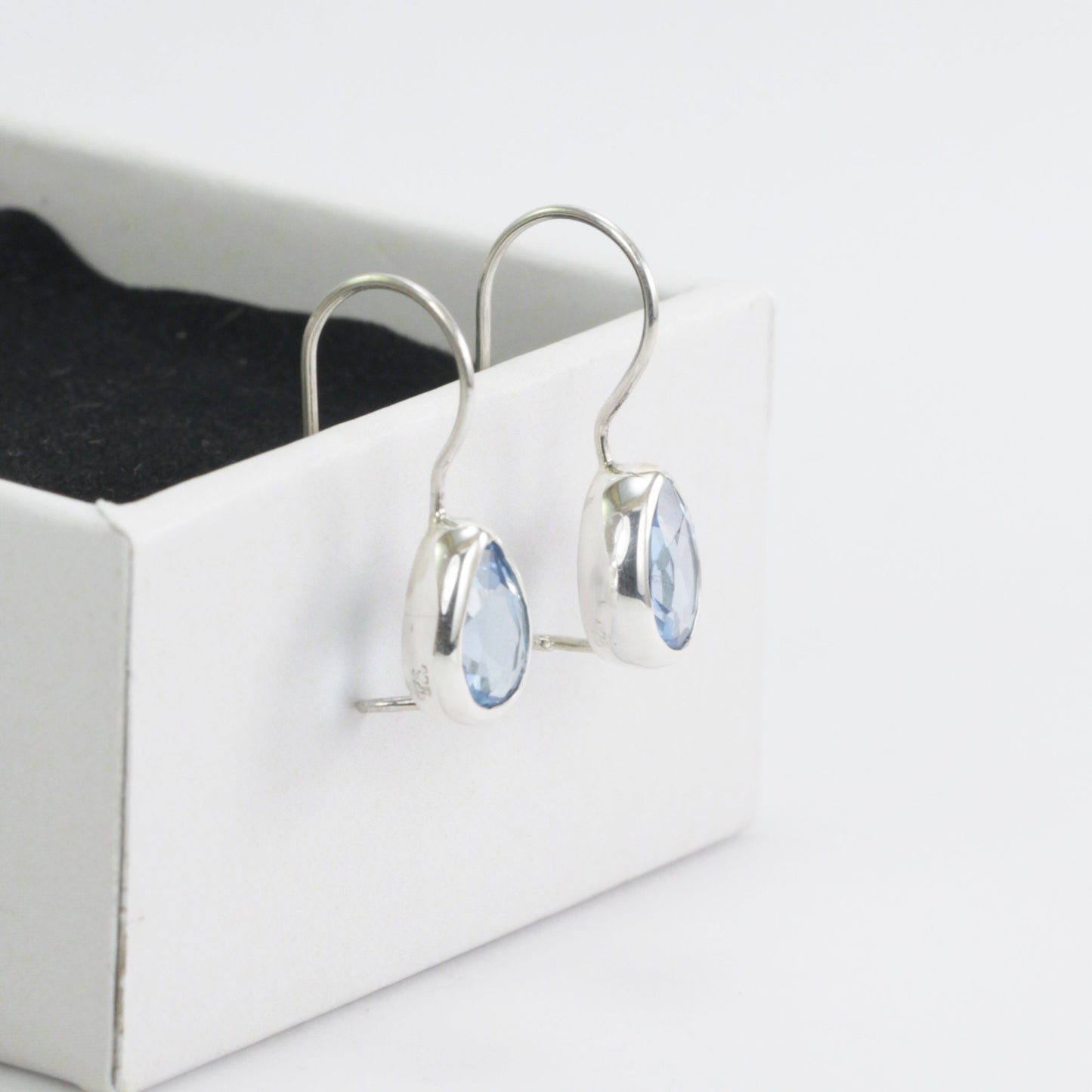 Teardrop Blue Topaz Earrings bezel set in dangle 925 sterling silver 6*9 mm drop