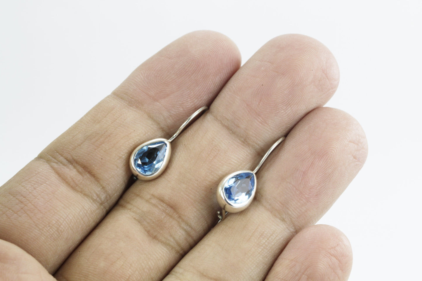 Teardrop Blue Topaz Earrings bezel set in dangle 925 sterling silver 6*9 mm drop