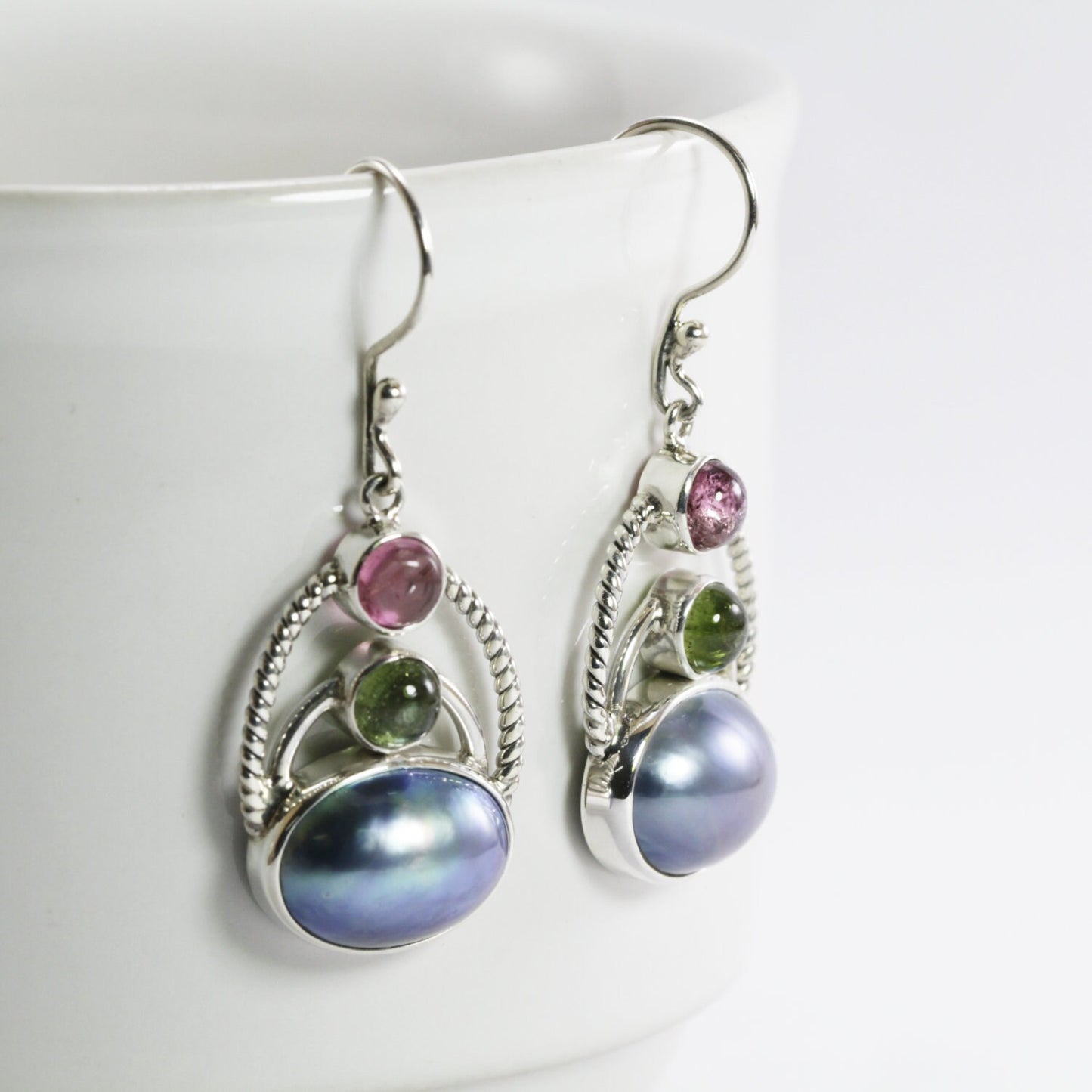 oval blue pearl earrings 925 sterling silver with genuine tourmaline