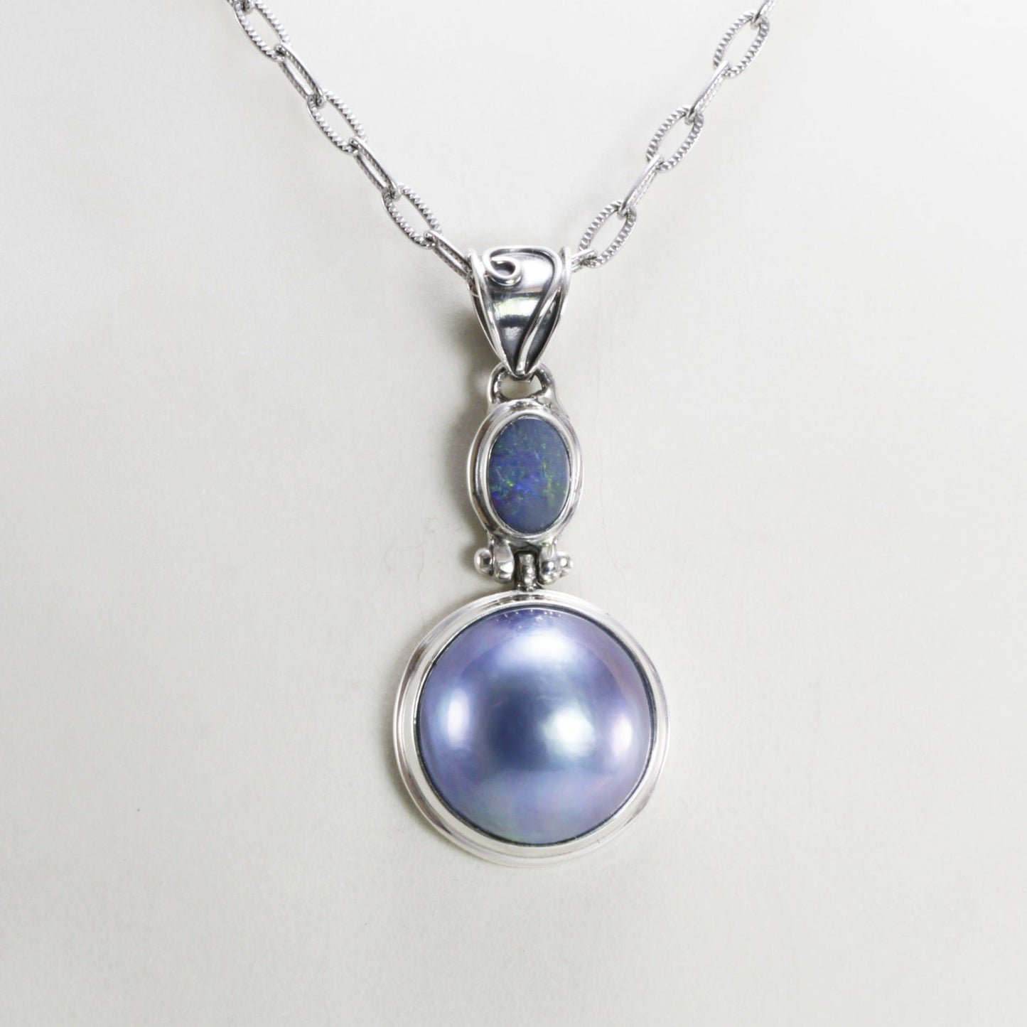 blue mabe pearl pendant necklace 925 sterling silver with genuine opal double bezel