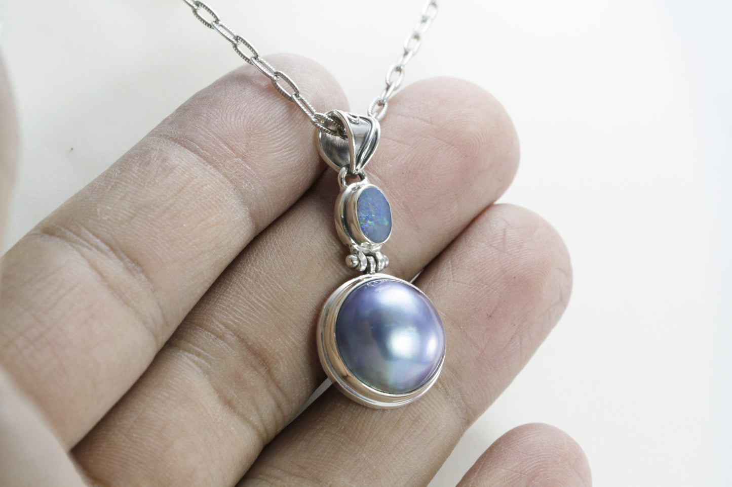 blue mabe pearl pendant necklace 925 sterling silver with genuine opal double bezel