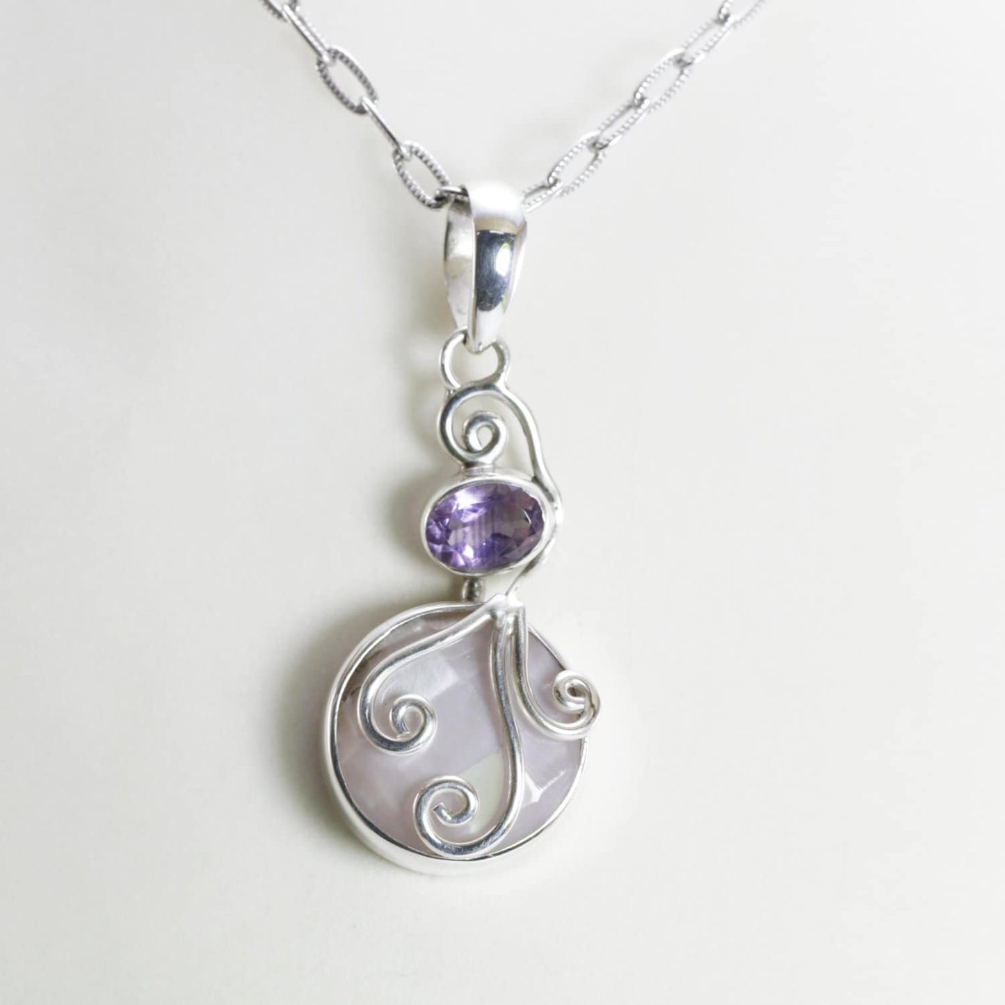 amethyst pendant necklace with genuine pink shell set in 925 sterling silver