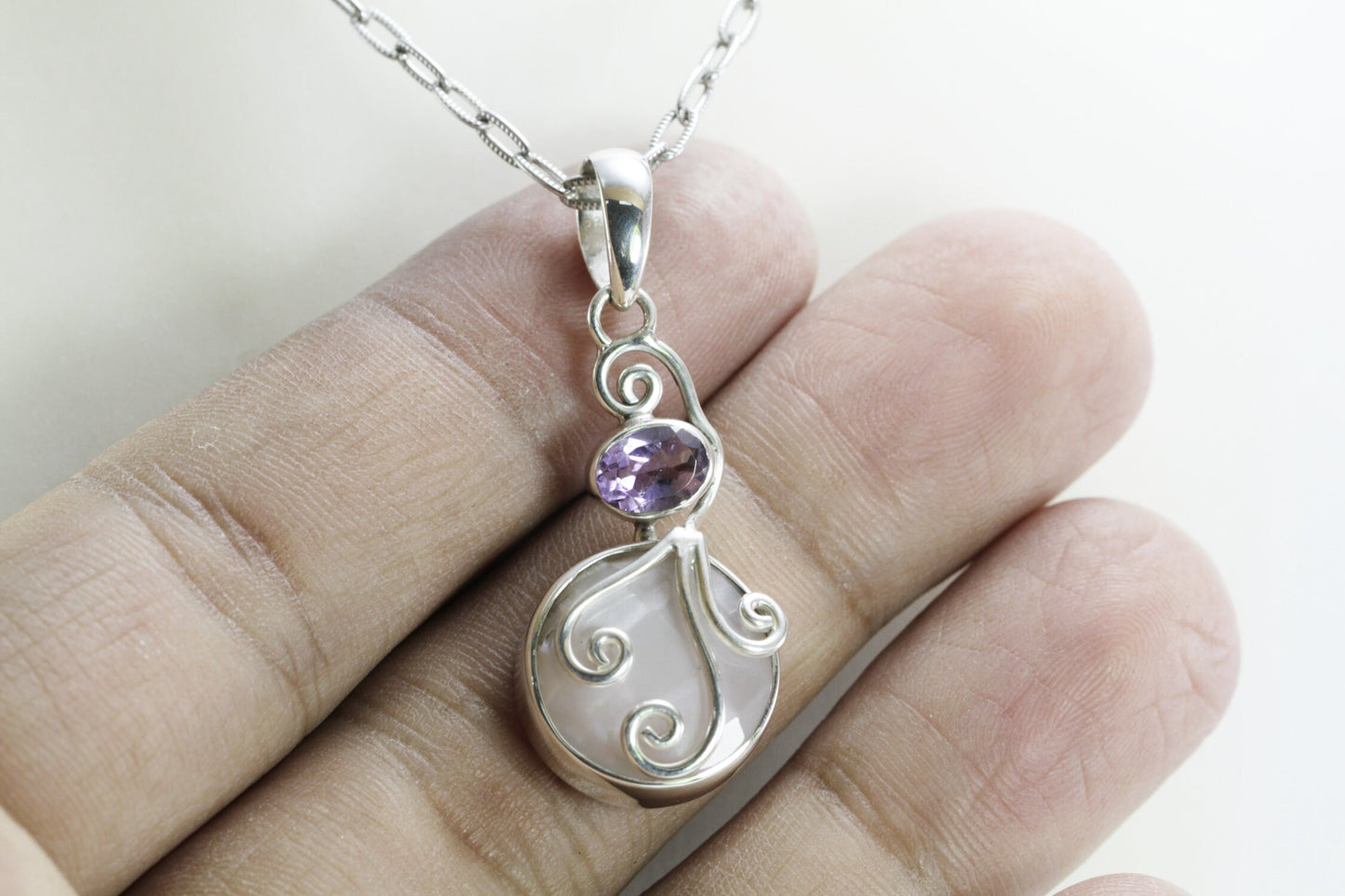 amethyst pendant necklace with genuine pink shell set in 925 sterling silver