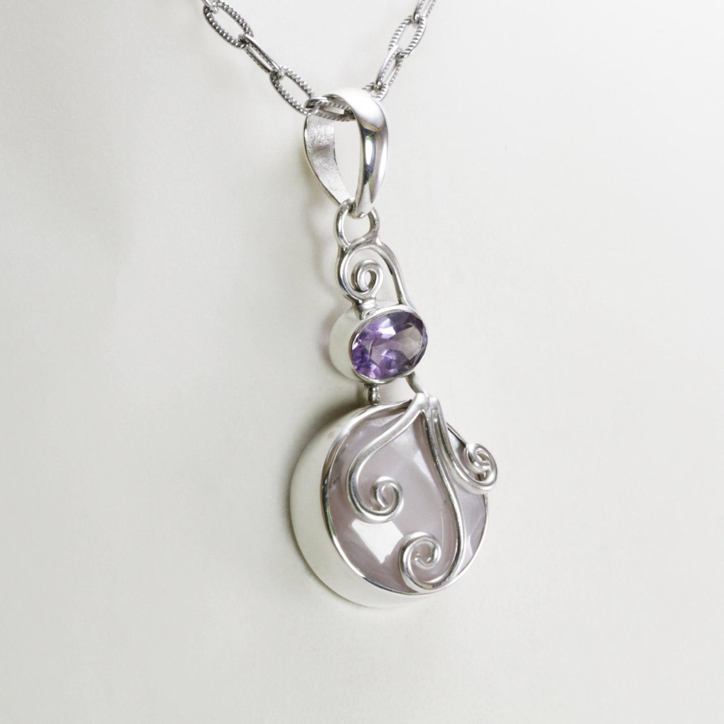 amethyst pendant necklace with genuine pink shell set in 925 sterling silver