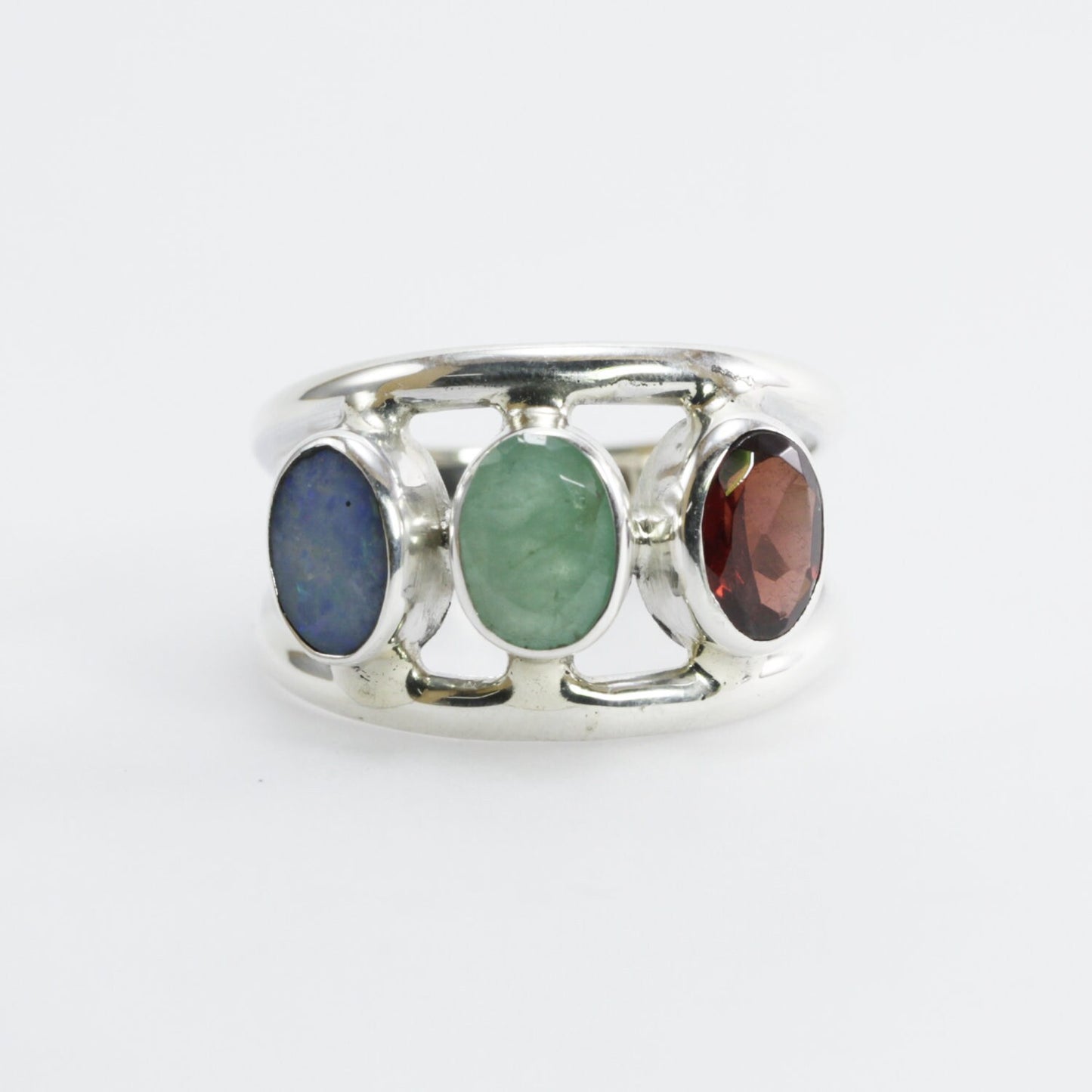 three stones ring 925 sterling silver with genuine emerald, opal and garnet