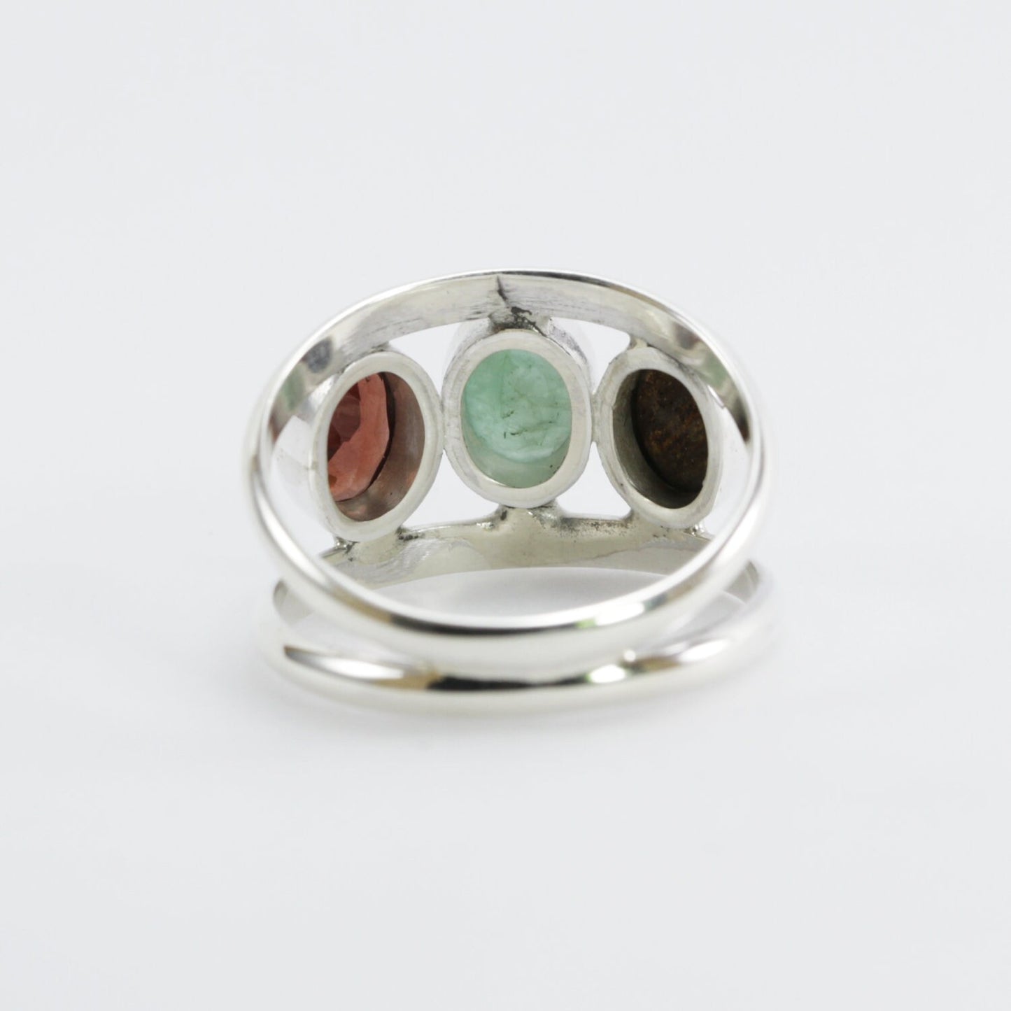 three stones ring 925 sterling silver with genuine emerald, opal and garnet