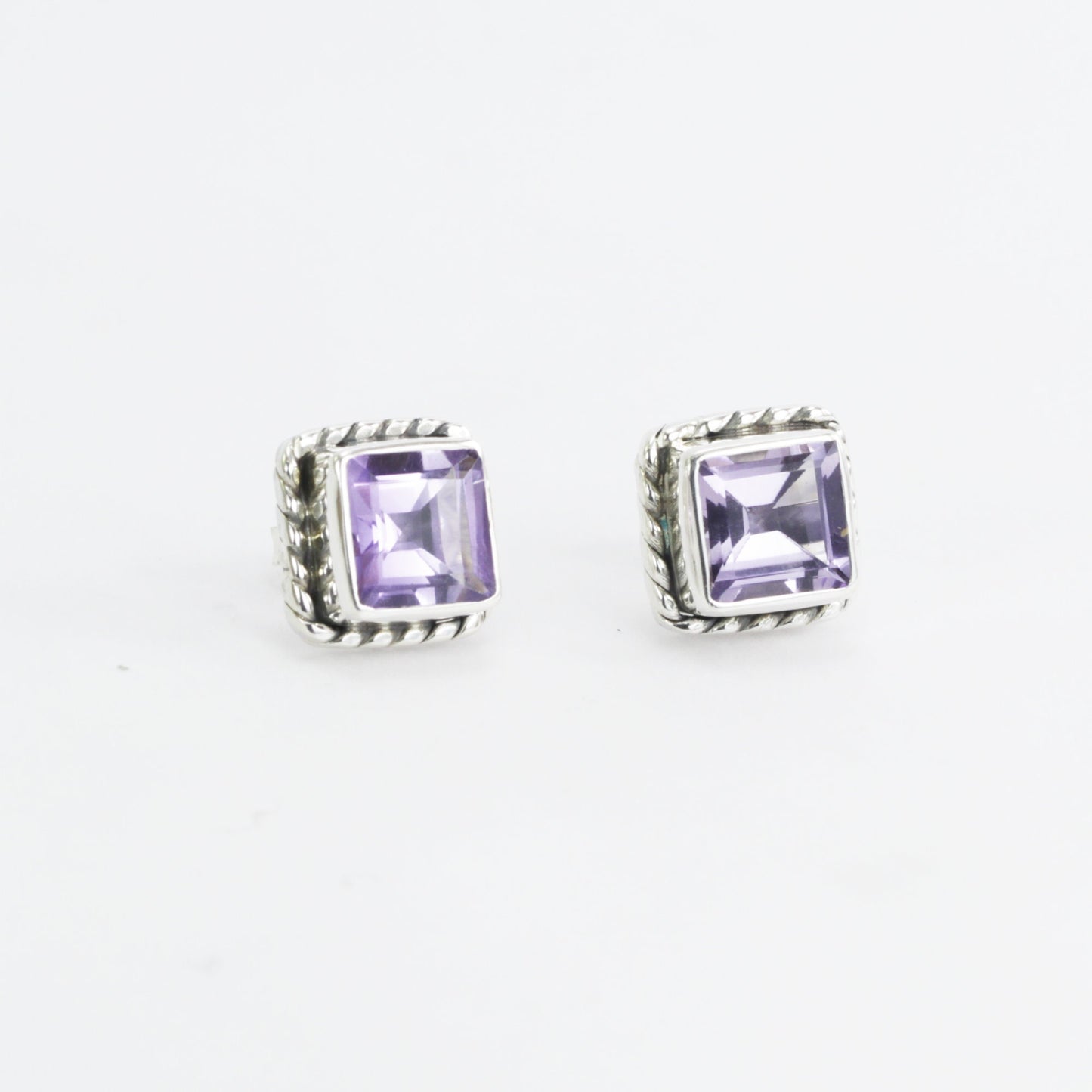 Citrine earrings studs sterling silver 9 mm Square decorated with cable edge bezel set