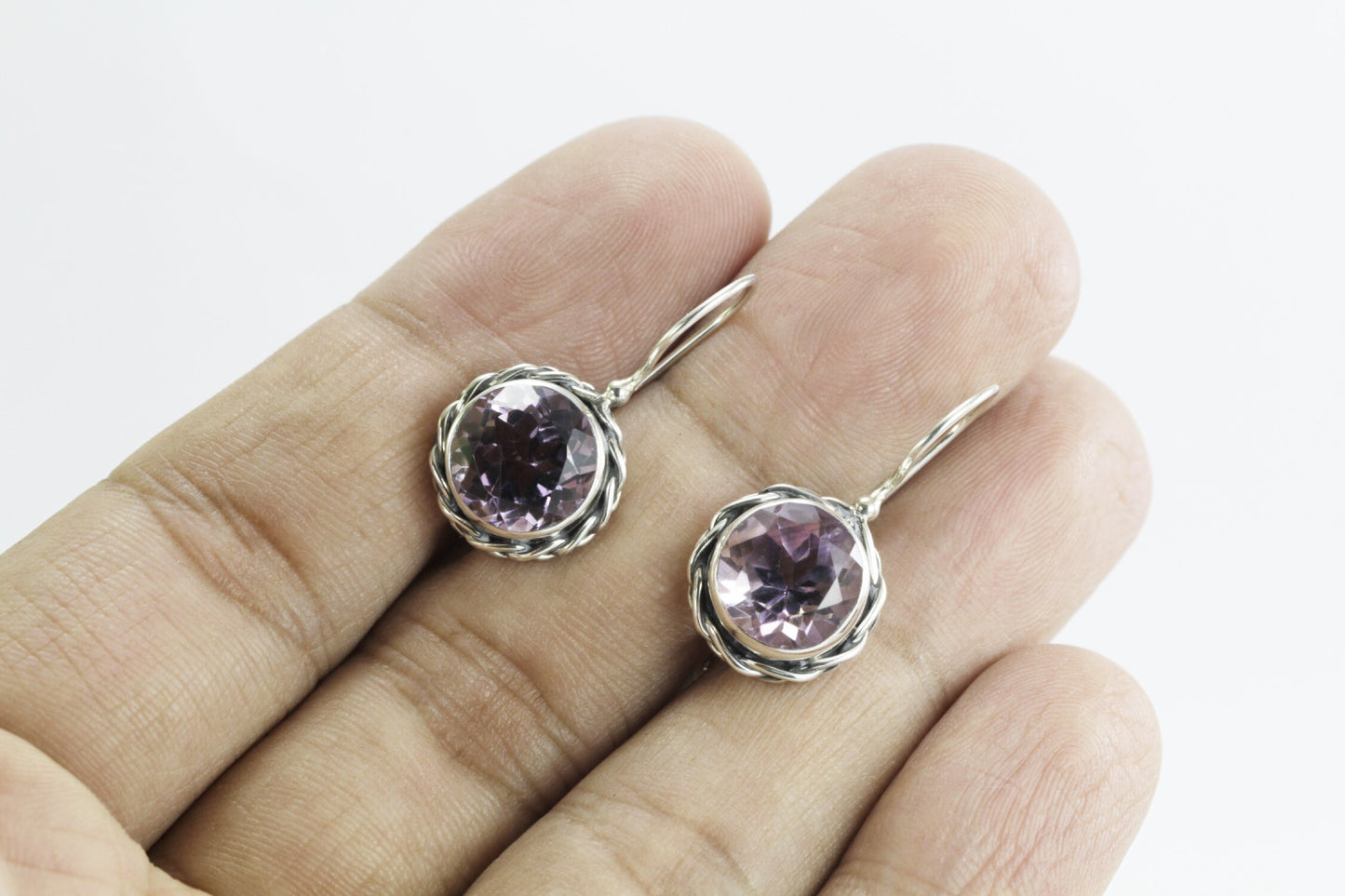 Genuine Amethyst earrings with kidney lock 925 sterling silver decorated with cable edge rope style