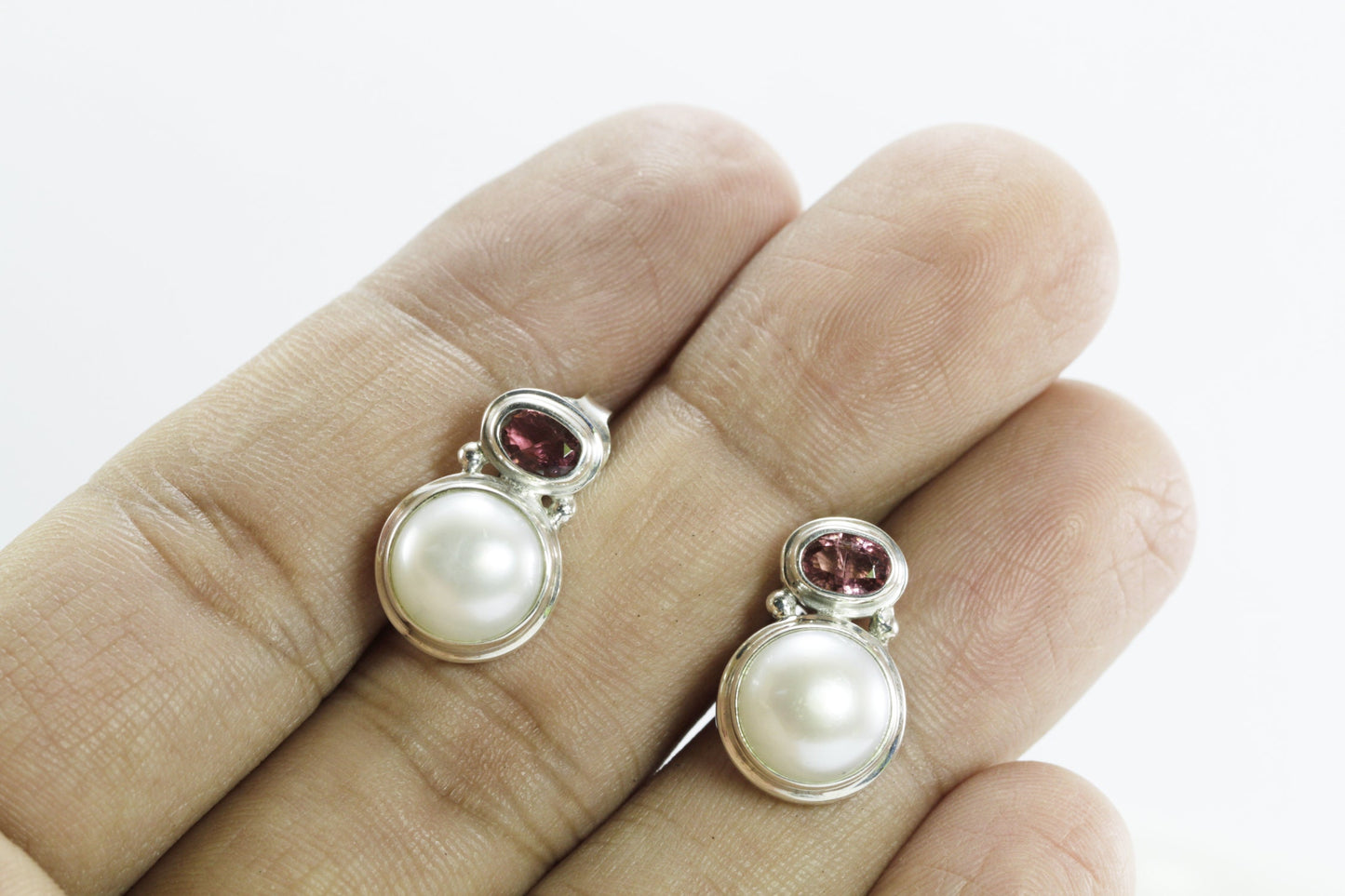 fresh water pearl earrings stud 925 sterling silver with genuine pink tourmaline
