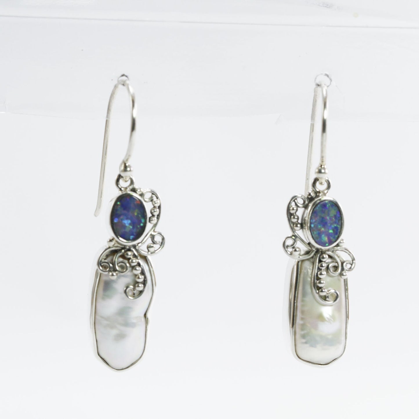 Beautiful dangle drop earrings with natural Australian fire opal and genuine baroque pearl set in handmade 925 sterling silver leaf