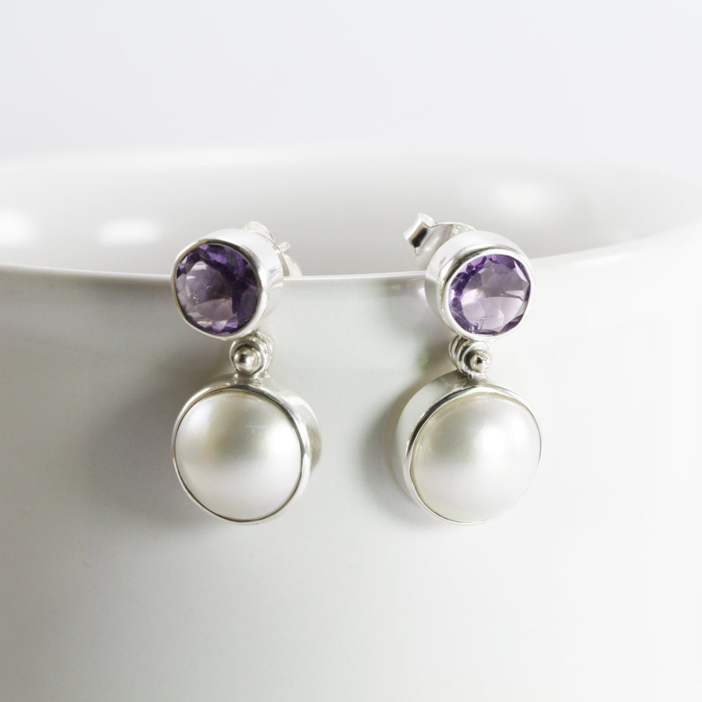 amethyst earrings stud 925 sterling silver with white mabe pearl dangle