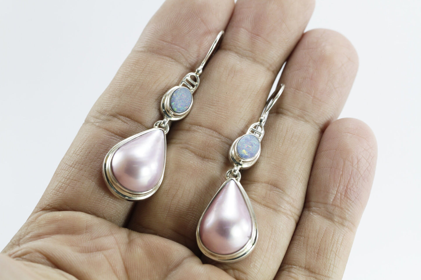 pink mabe pearl earrings 925 sterling silver with genuine opal, teardrop pearl earrings