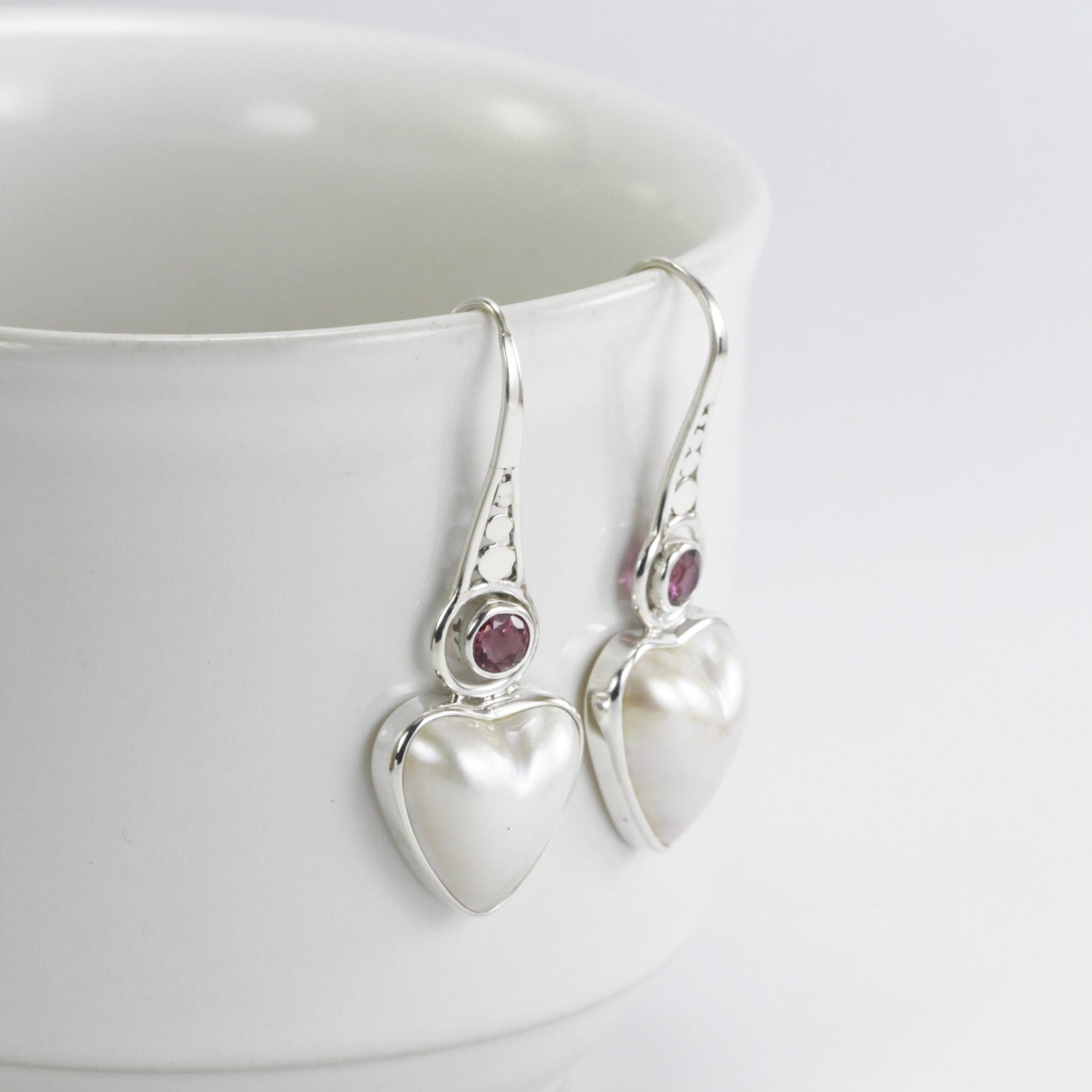 mabe pearl earrings heart shape set in 925 sterling silver with genuine pink tourmaline