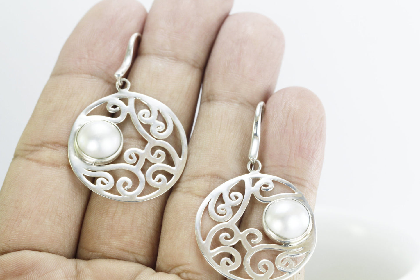mabe pearl earrings 925 sterling silver dangle with open work filigree bezel set