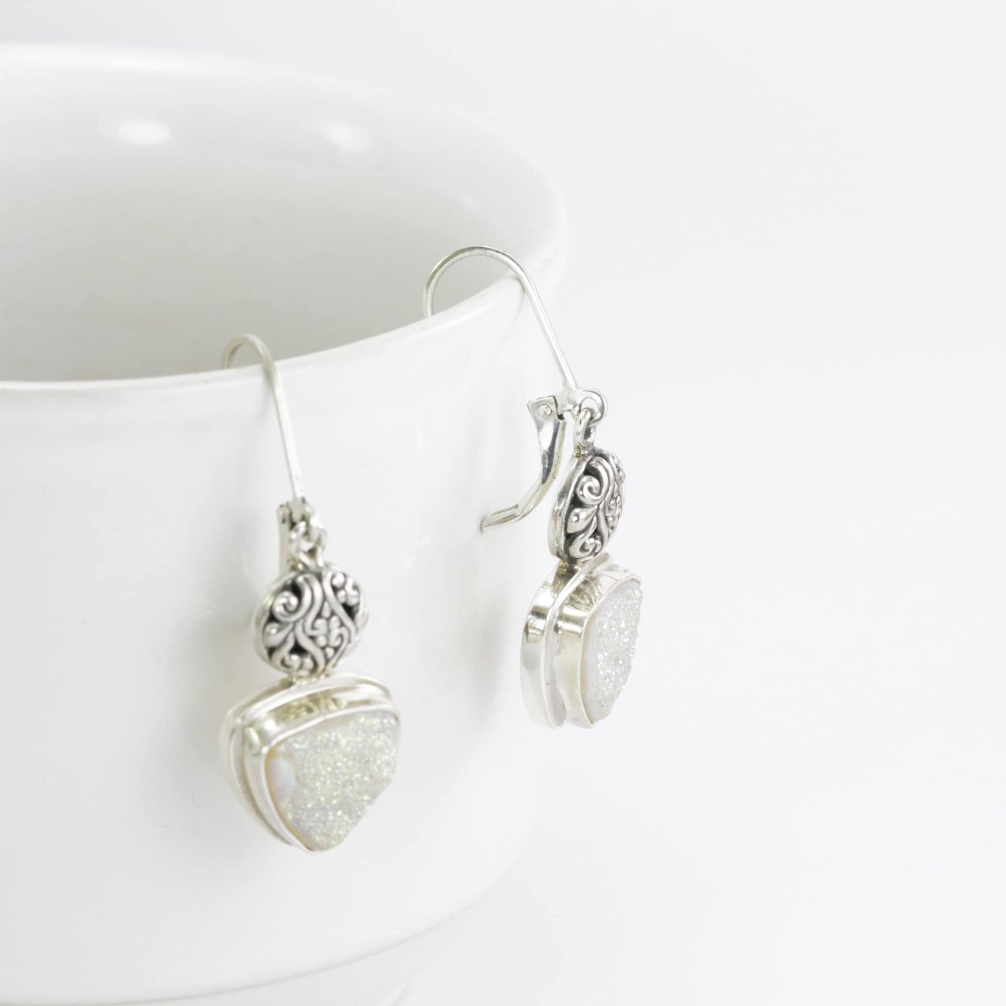 Druzy Earrings dangle set in 925 sterling silver leverback closure decorated with filigree art