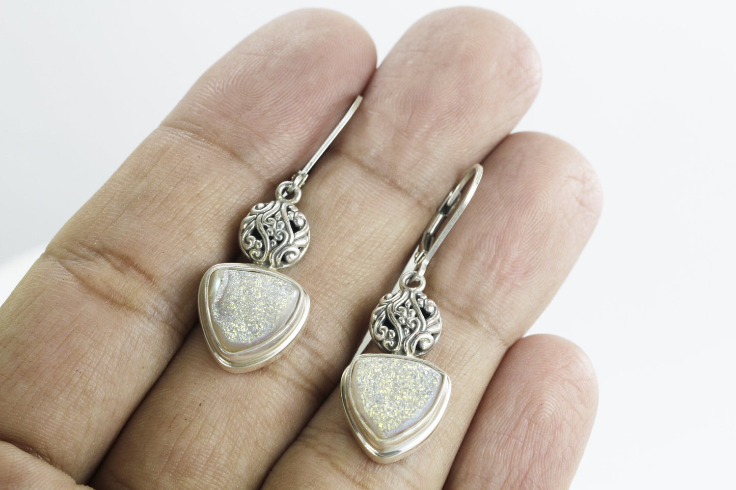 Druzy Earrings dangle set in 925 sterling silver leverback closure decorated with filigree art