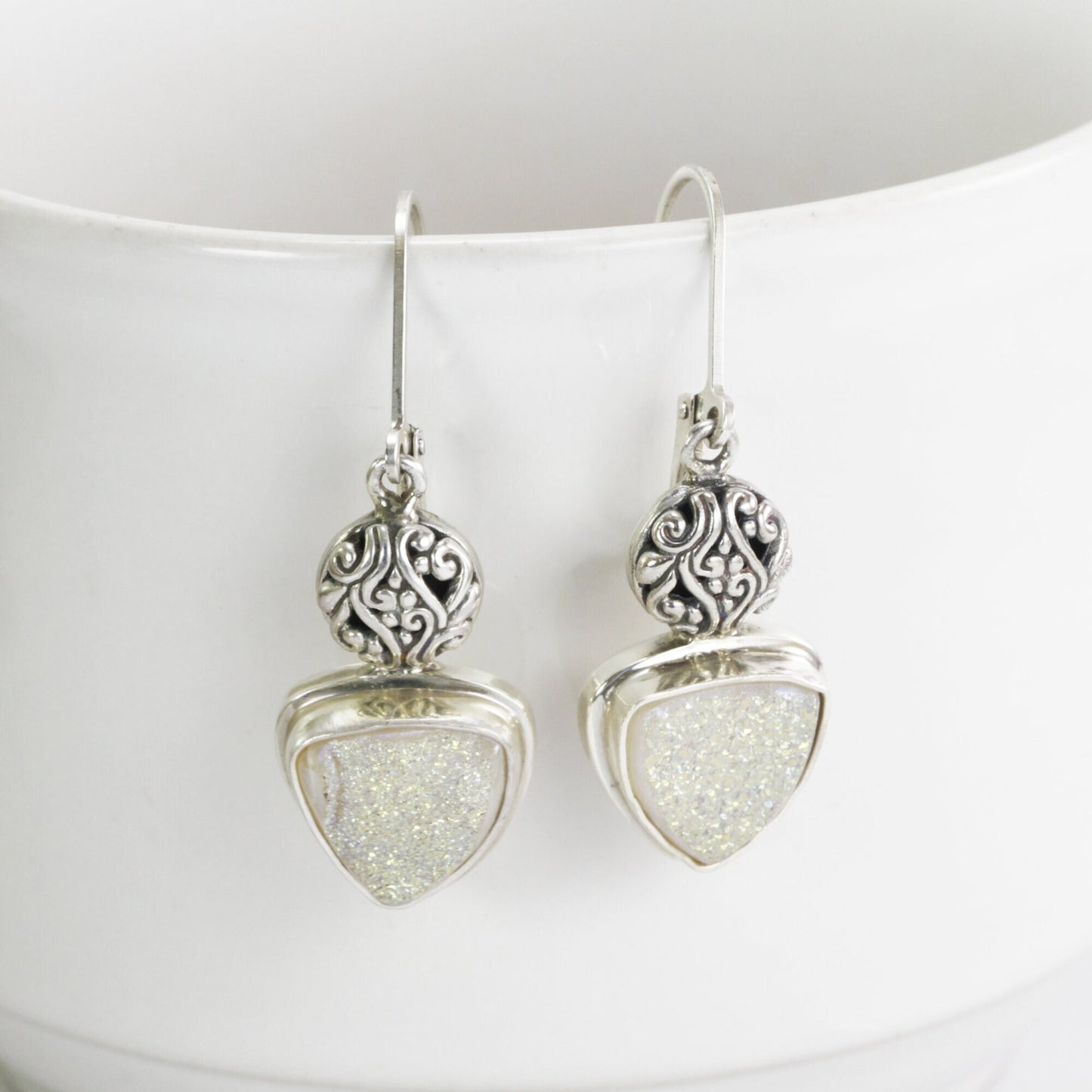 Druzy Earrings dangle set in 925 sterling silver leverback closure decorated with filigree art