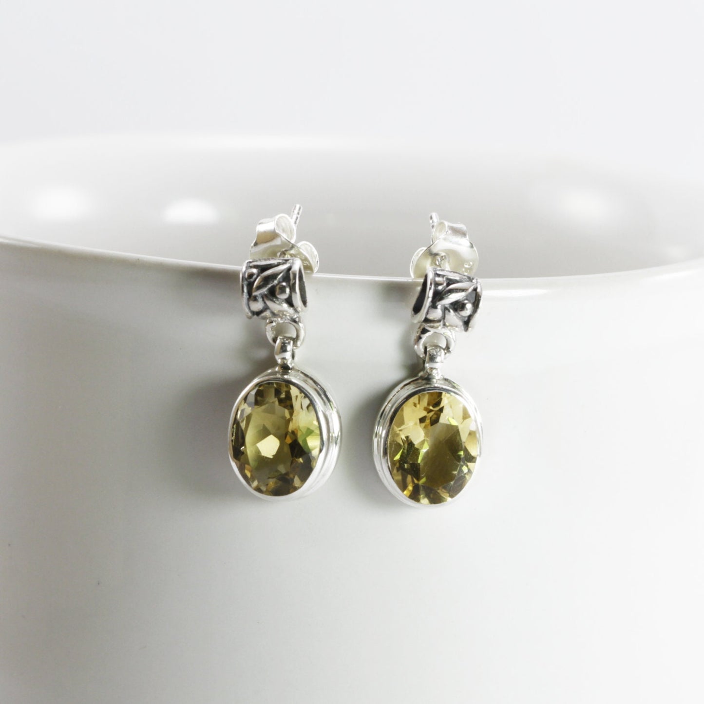 Blue topaz earrings stud dangle set in 925 sterling silver decorated with rice pattern carving