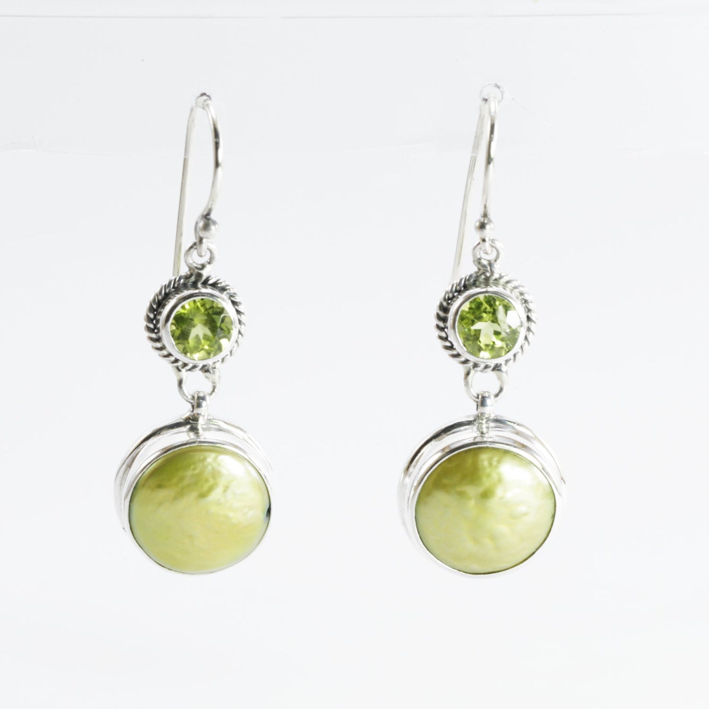 green peridot earrings set in 925 sterling silver with green baroque pearl