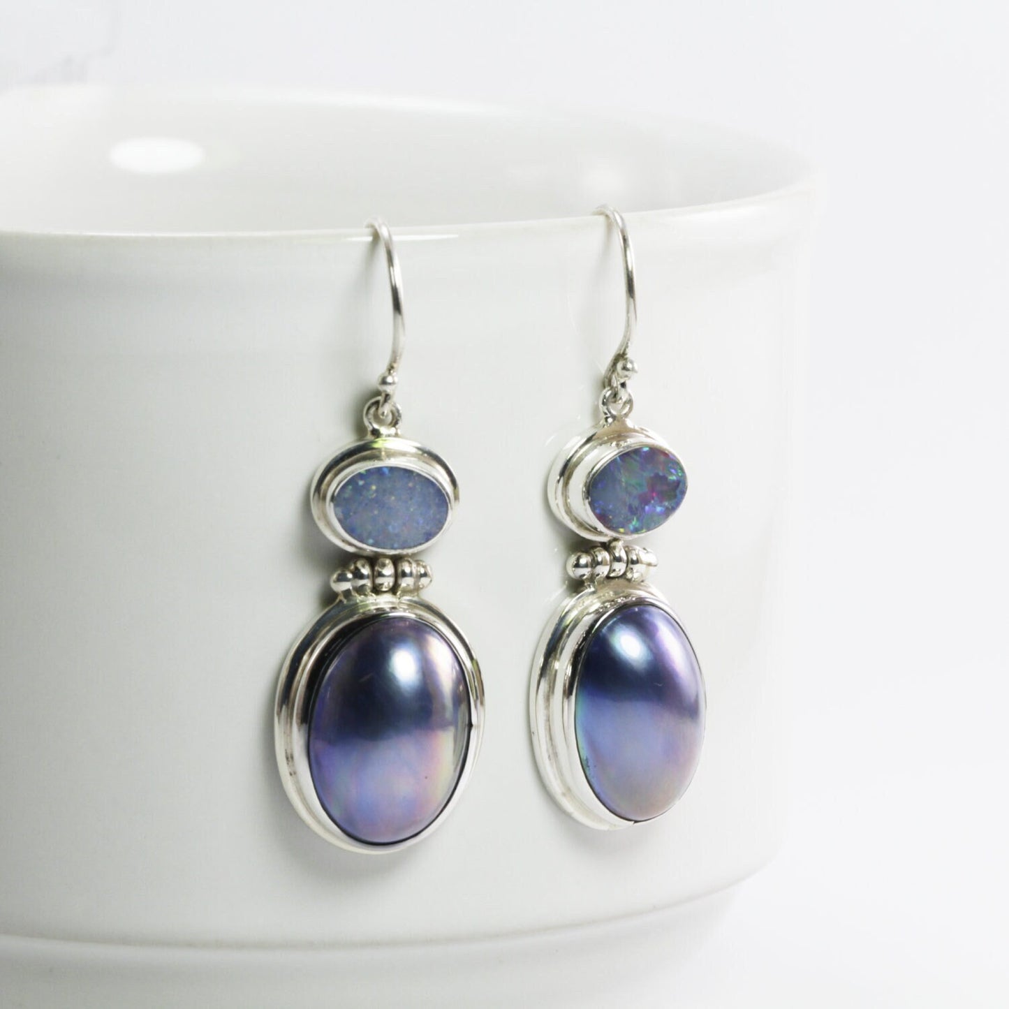 oval mabe pearl earrings 925 sterling silver with Australian opal dangle earrings
