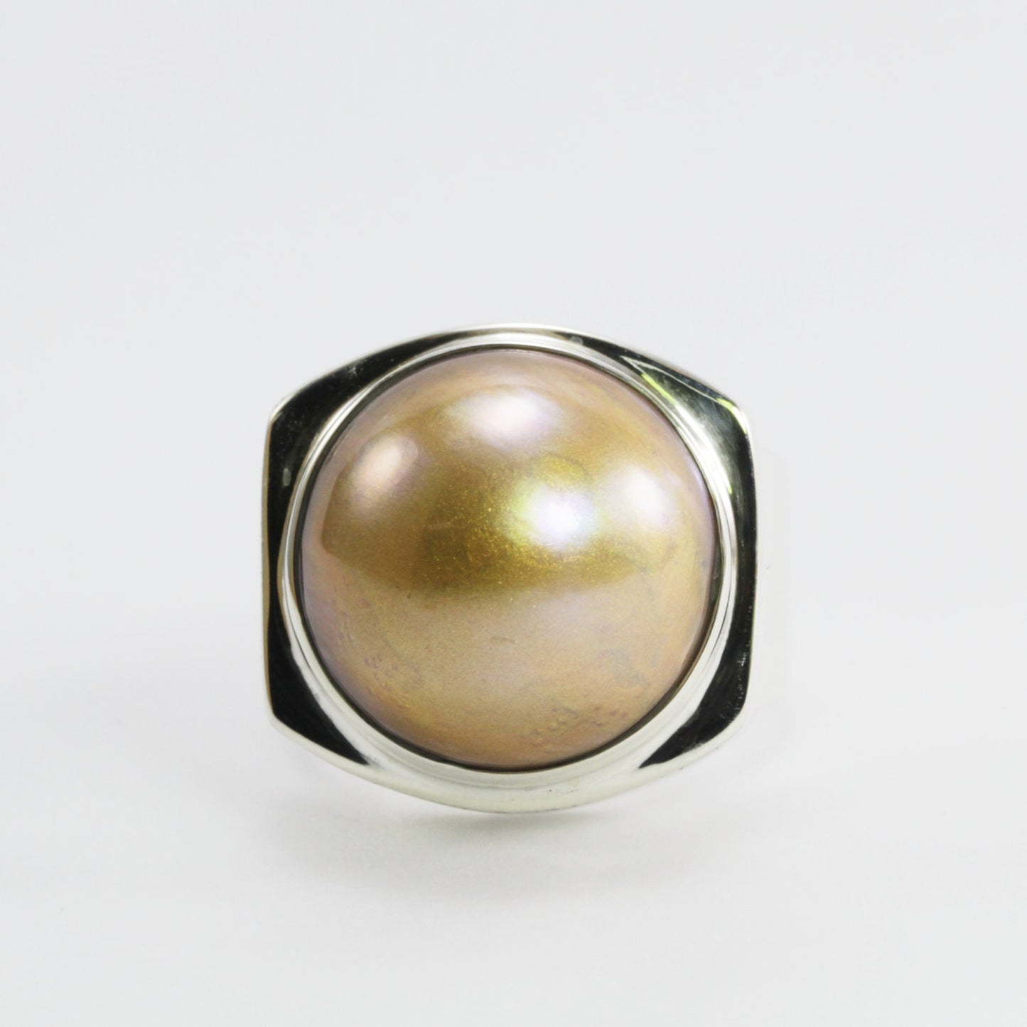 Rare round Golden mabe pearl 16 mm set in 925 sterling silver ring, handmade wide band ring with gold mabe pearl