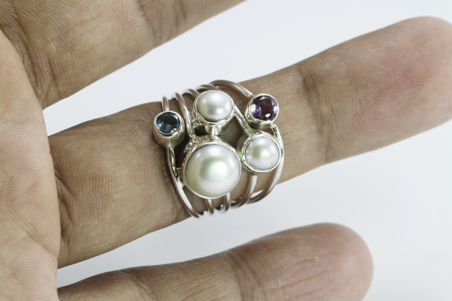 multi stone ring with amethyst, blue topaz, fresh water pearl set in 925 sterling silver handmade split shank style