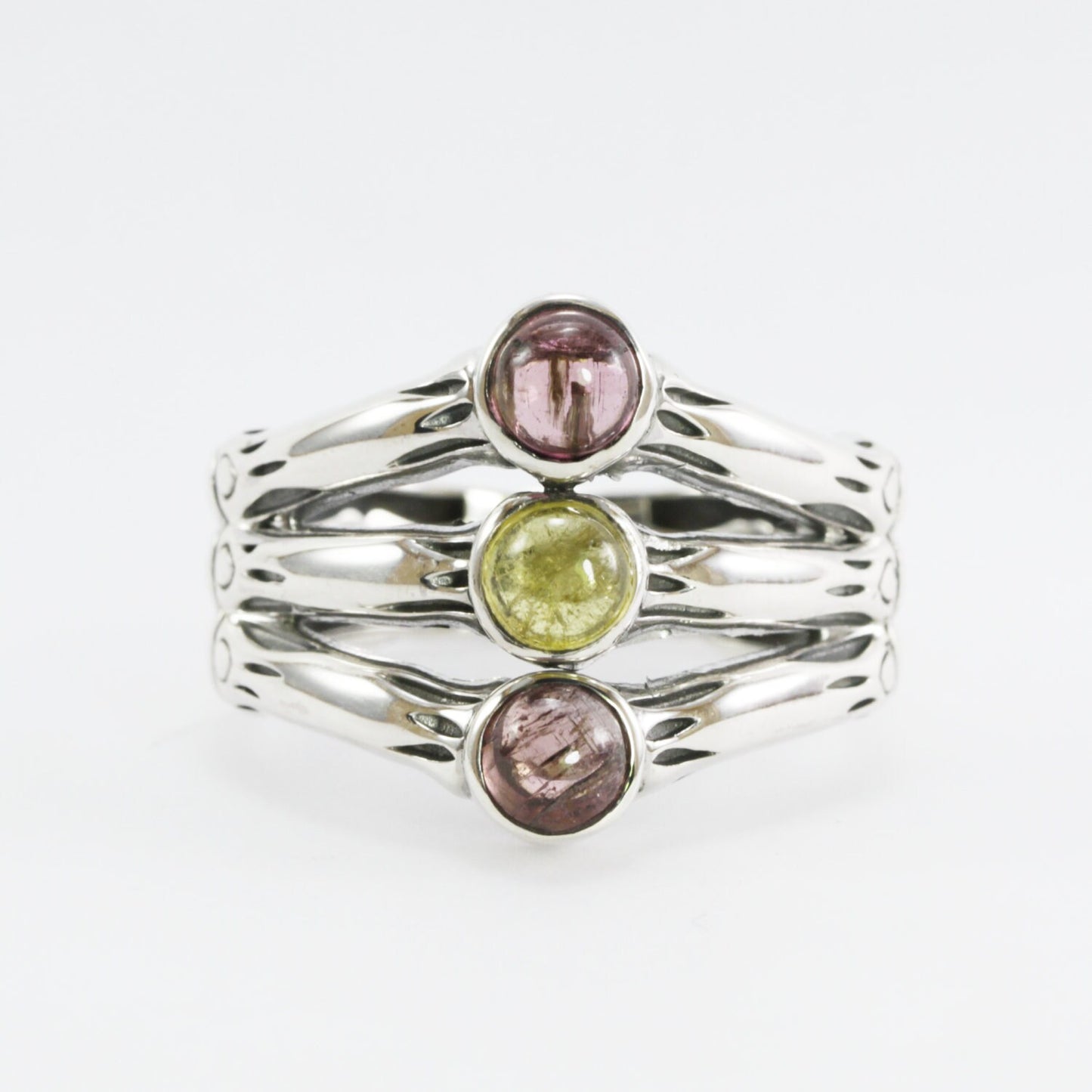 Three stones ring with 5mm multi color tourmaline set in handmade 925 sterling silver