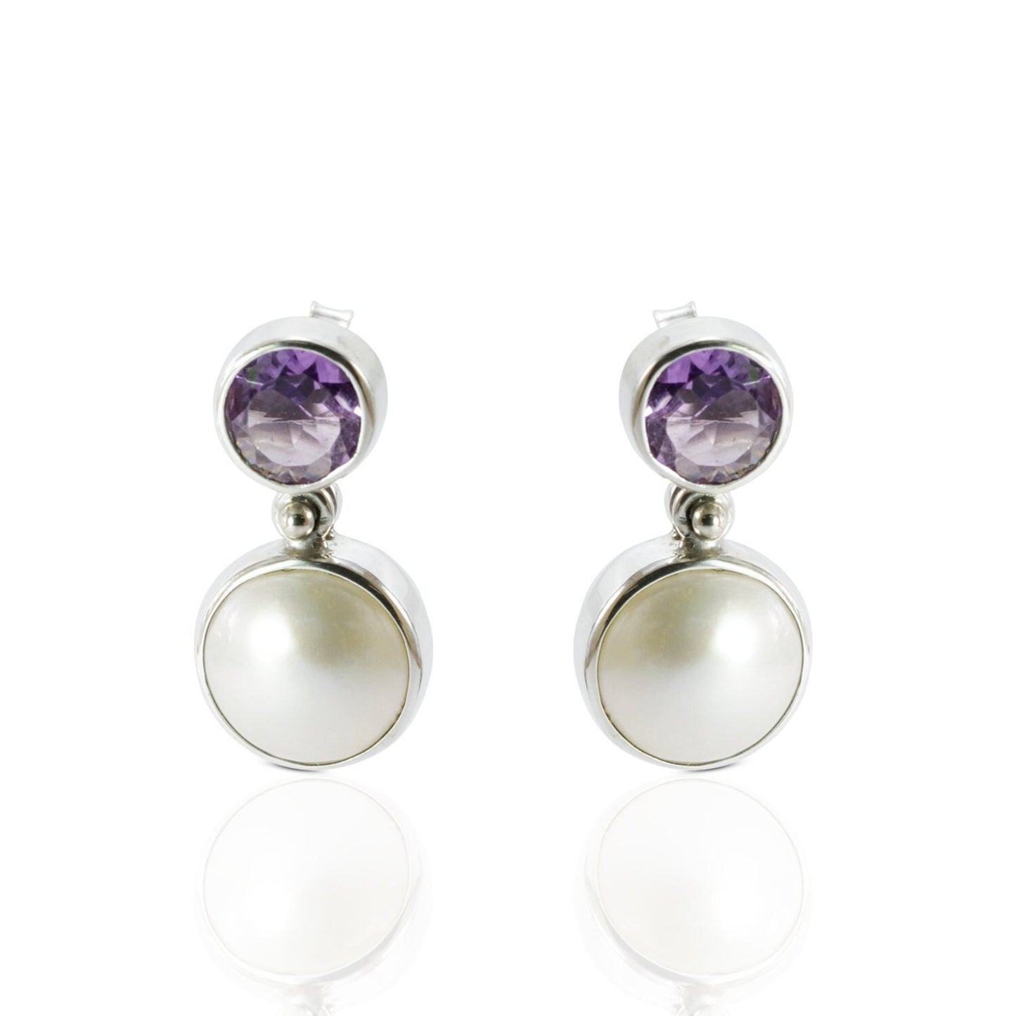 amethyst earrings stud 925 sterling silver with white mabe pearl dangle
