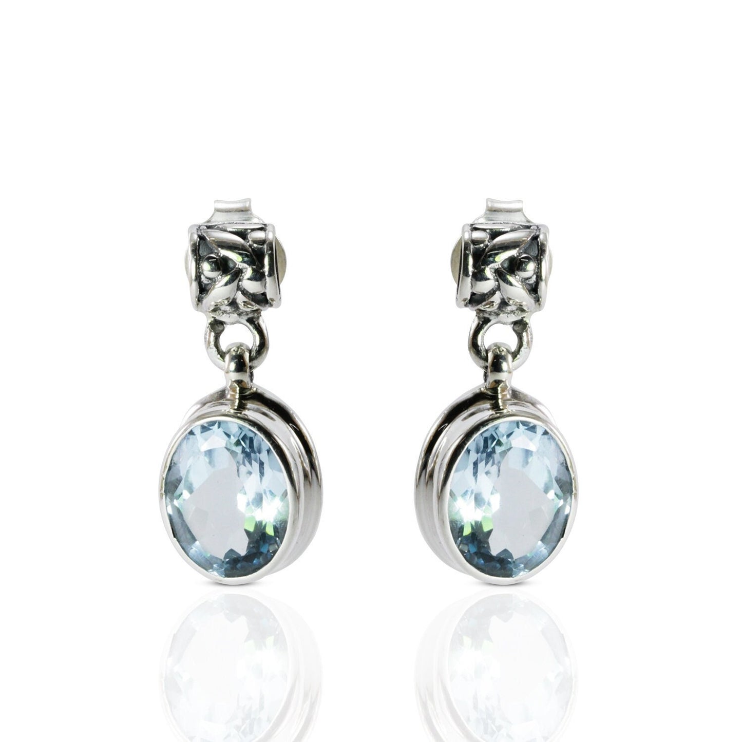 Blue topaz earrings stud dangle set in 925 sterling silver decorated with rice pattern carving