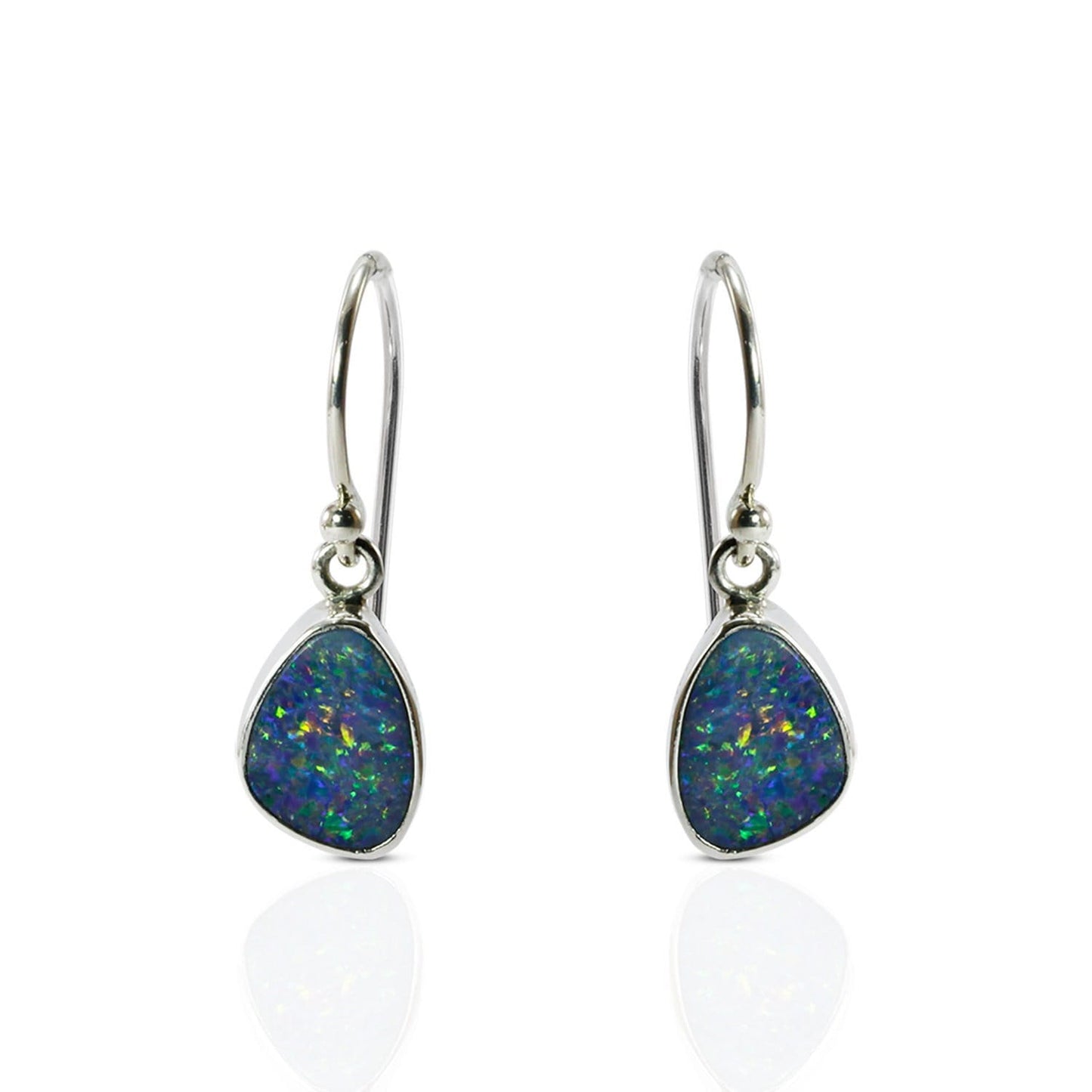 Australian opal dangle earrings bezel set in 925 sterling silver, blue fire opal earrings
