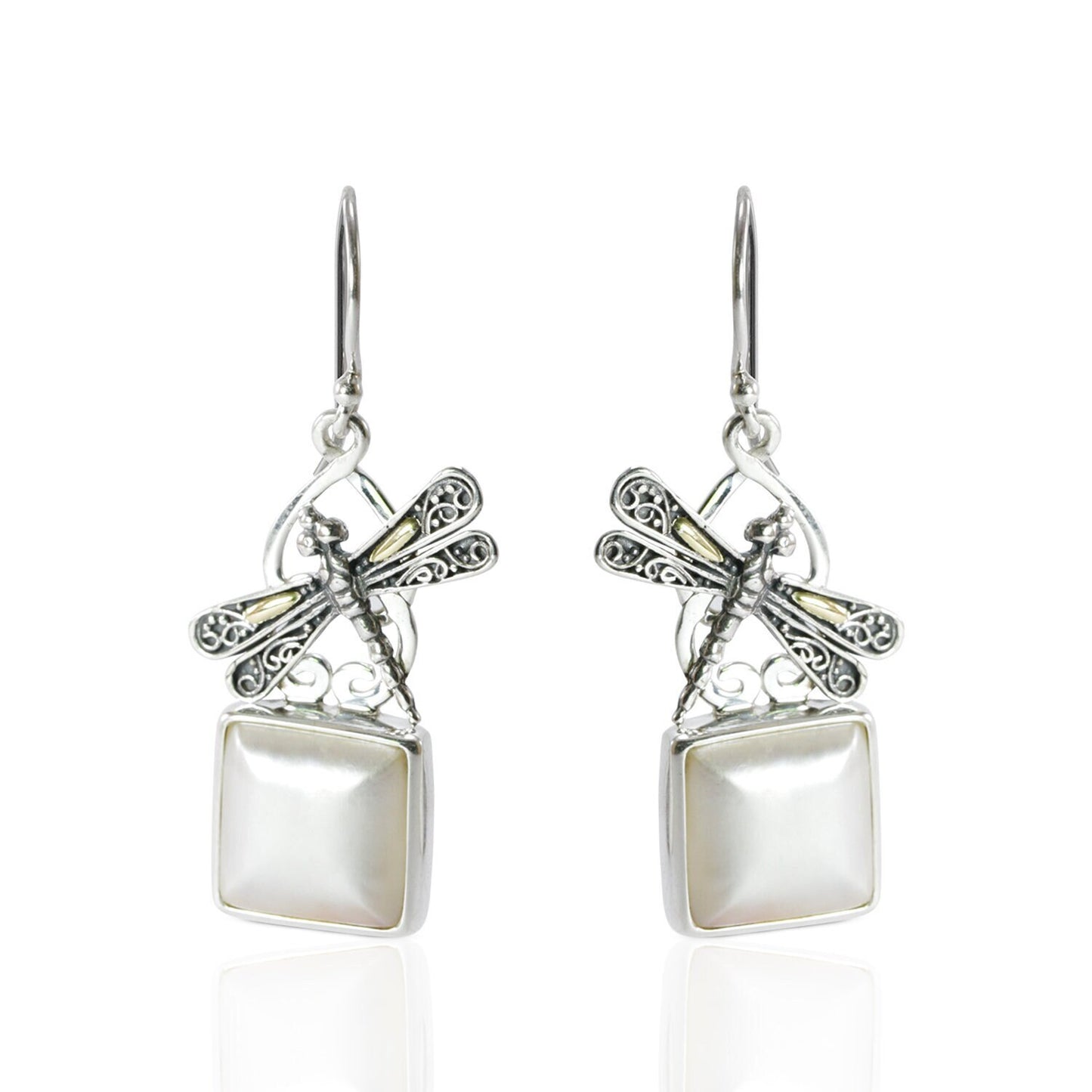 square pearl earrings set in 925 sterling silver decorated with two tone dragonfly ornament 18 K gold