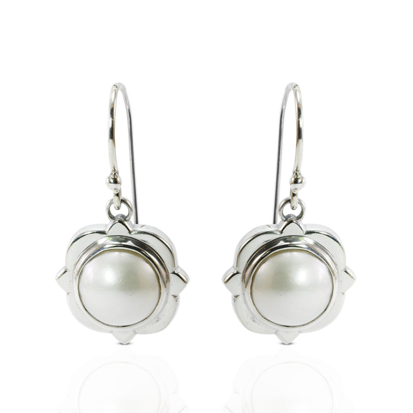 natural round 12mm white mabe pearl set in 925 sterling silver earrings with flower style, handmade earrings with white pearl