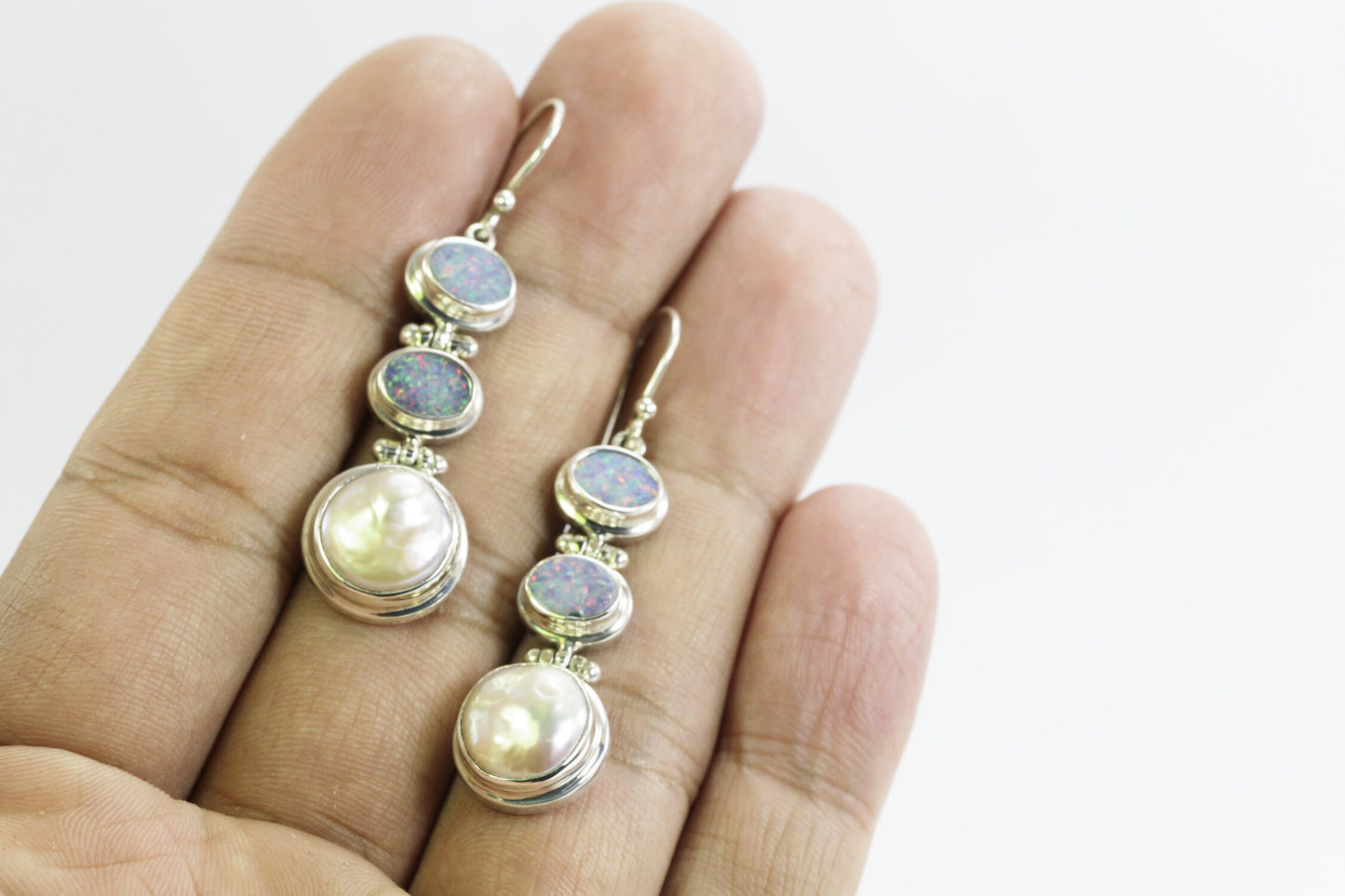 opal earrings dangle set in 925 sterling silver with genuine baroque pearl