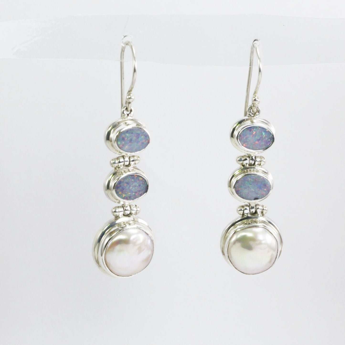 opal earrings dangle set in 925 sterling silver with genuine baroque pearl