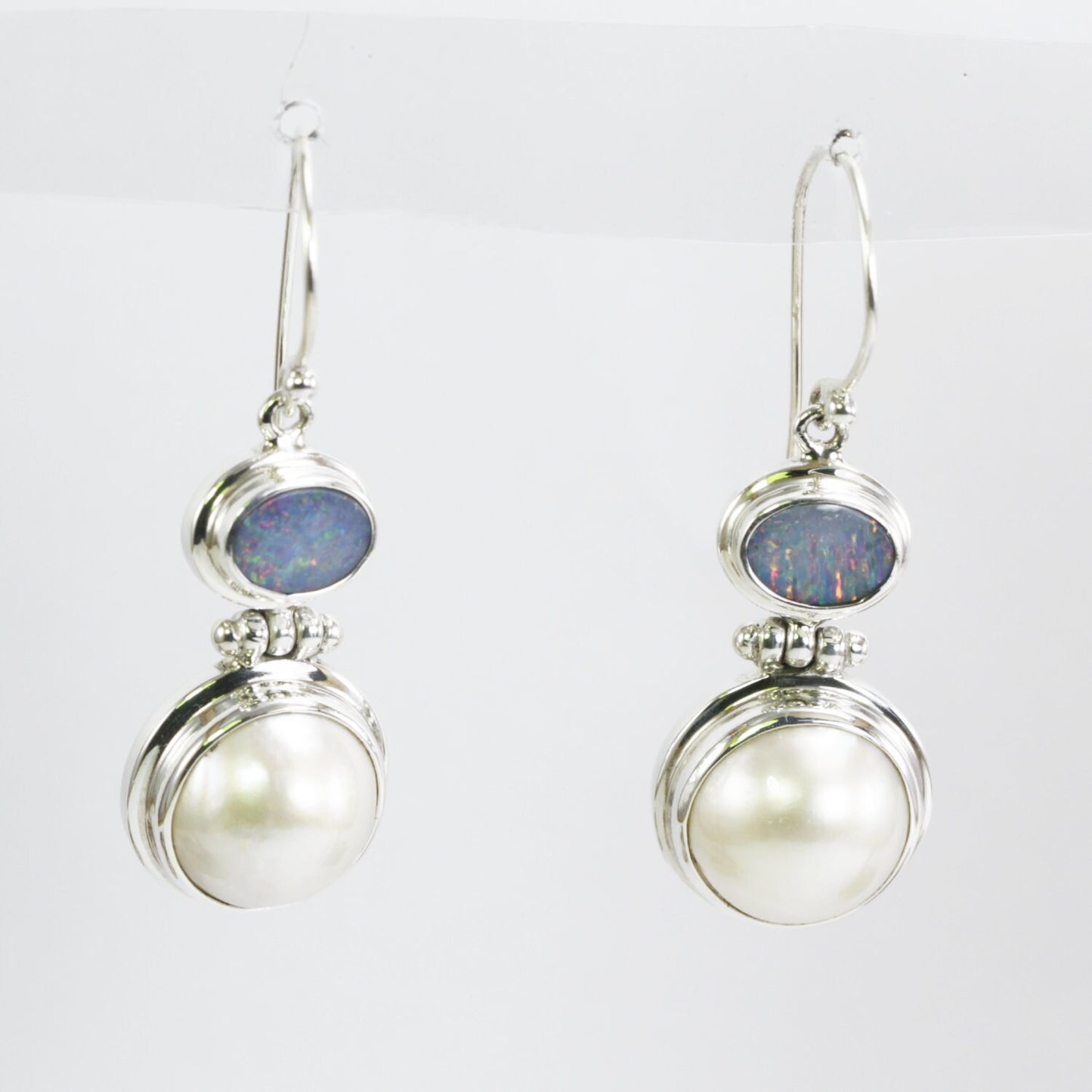 Australian opal earrings 925 sterling silver with genuine round mabe pearl bezel set