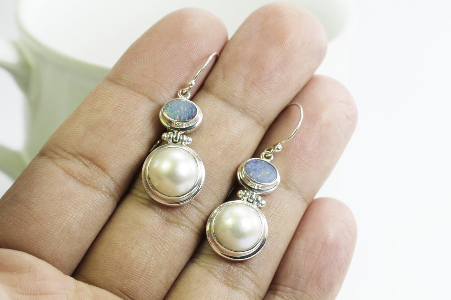 Australian opal earrings 925 sterling silver with genuine round mabe pearl bezel set