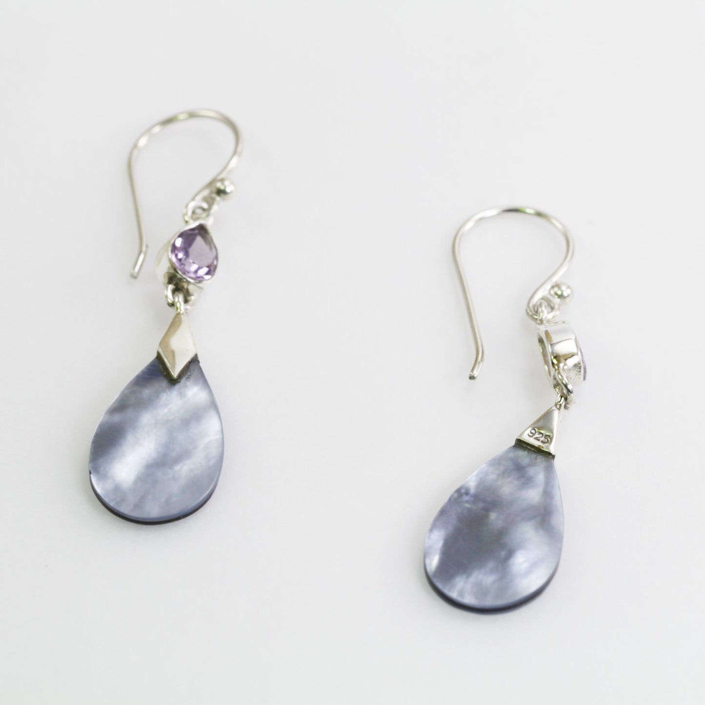 dangle drop earrings with genuine blue mother of pearl and natural drop amethyst set in 925 sterling silver,