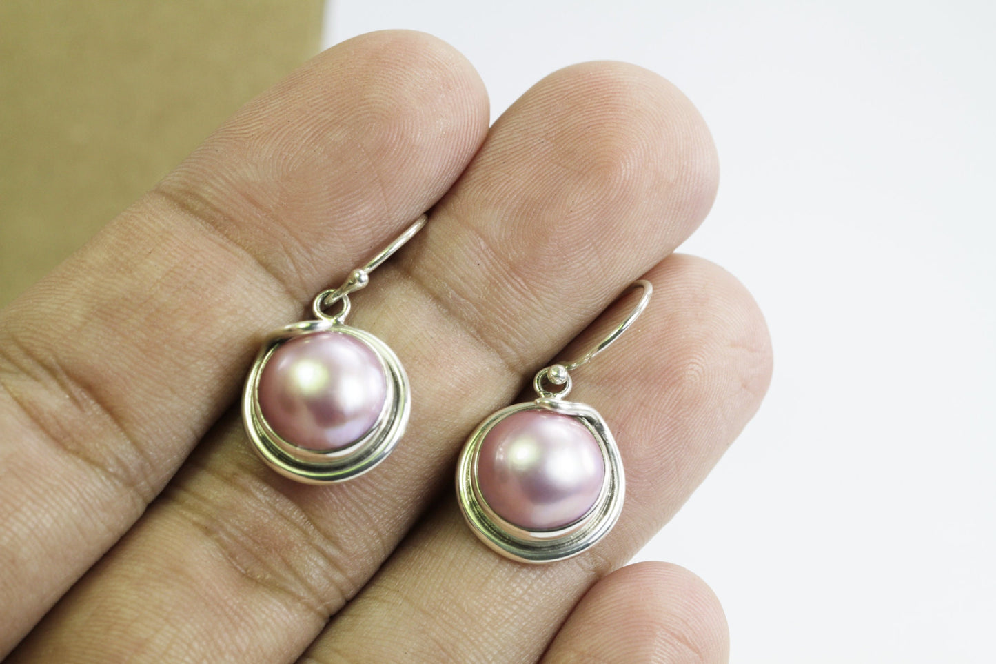 pink mabe pearl earrings 925 sterling silver 13 mm round