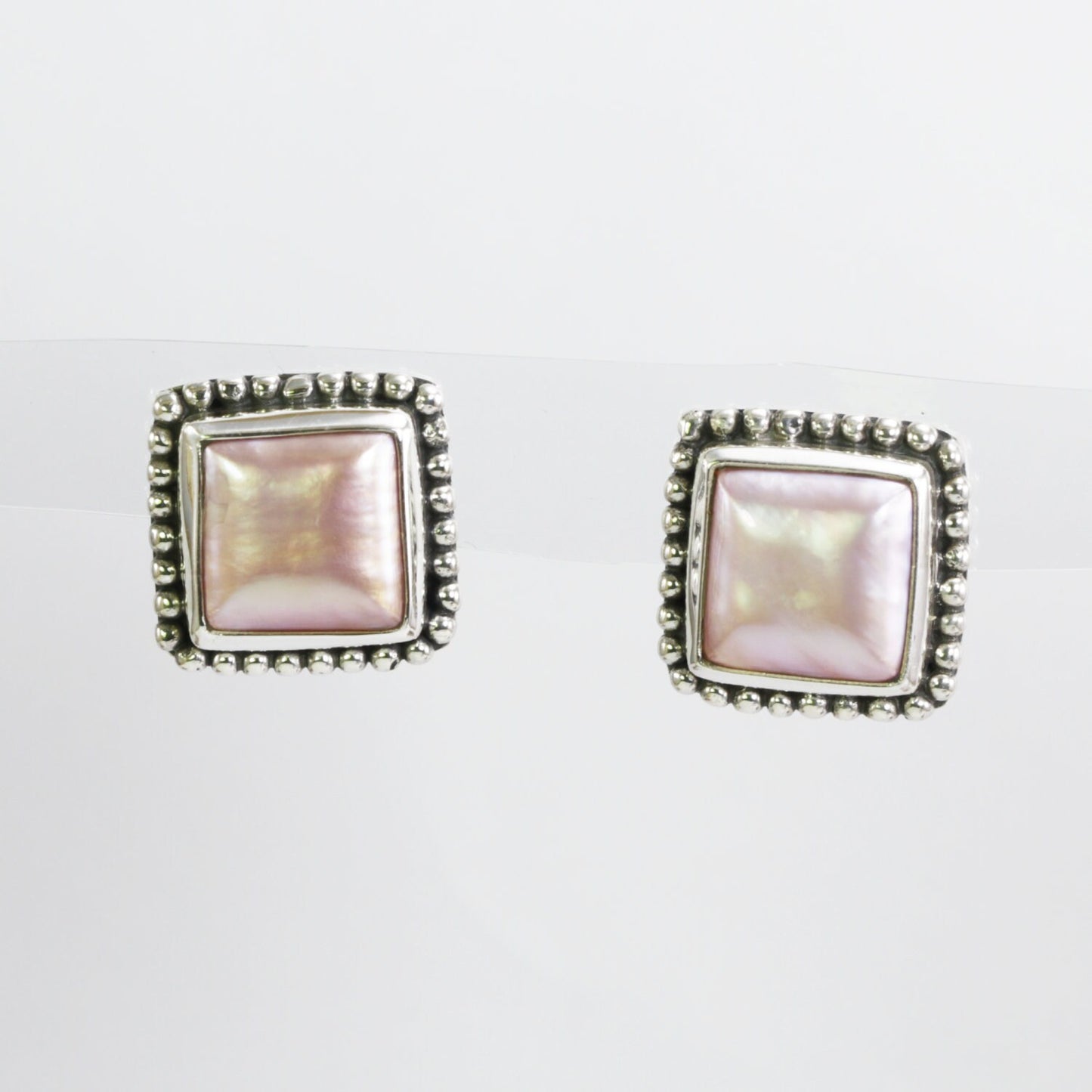 Pink mabe pearl stud earrings square shape set in 925 sterling silver decorated with dot ornament