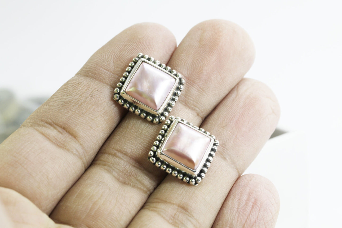 Pink mabe pearl stud earrings square shape set in 925 sterling silver decorated with dot ornament
