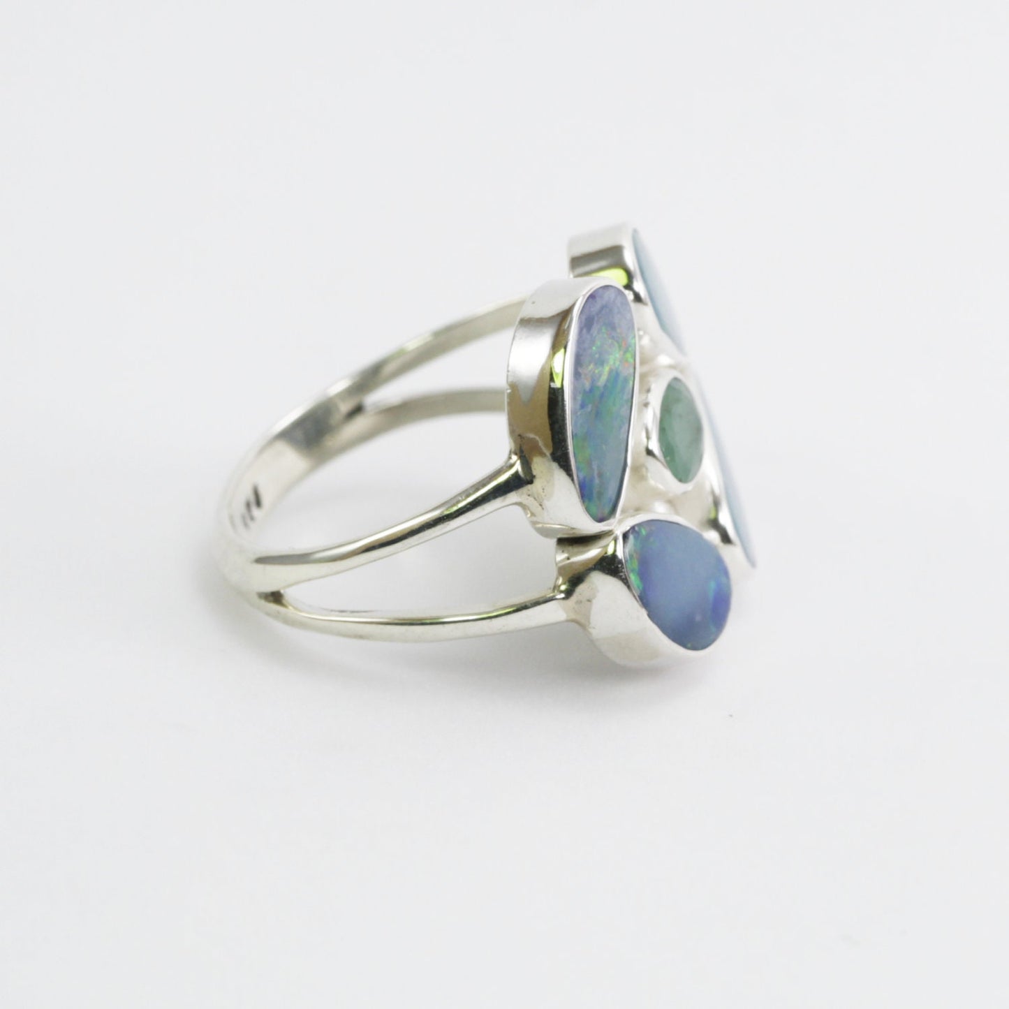 multi stone ring 925 sterling silver with natural Australian opal and genuine green emerald